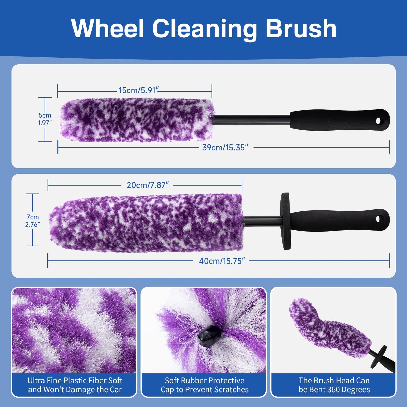 KLeXiC 4 Pack Wheel Tire Cleaning Brush Kit Cars L & M, Purple & White