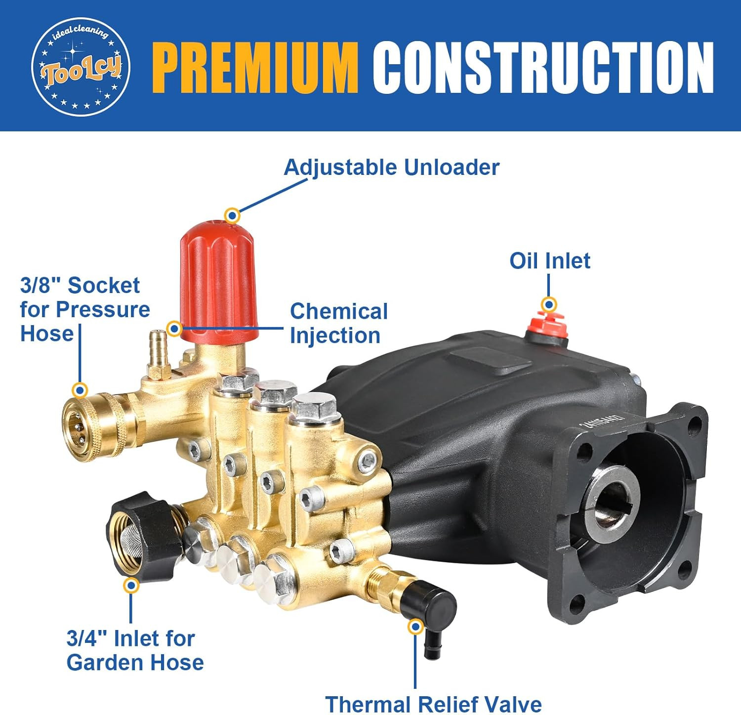 Pressure Washer Pump 3400 PSI Max 3.0 GPM, 3/4 Inch Shaft Horizontal Triplex Plu