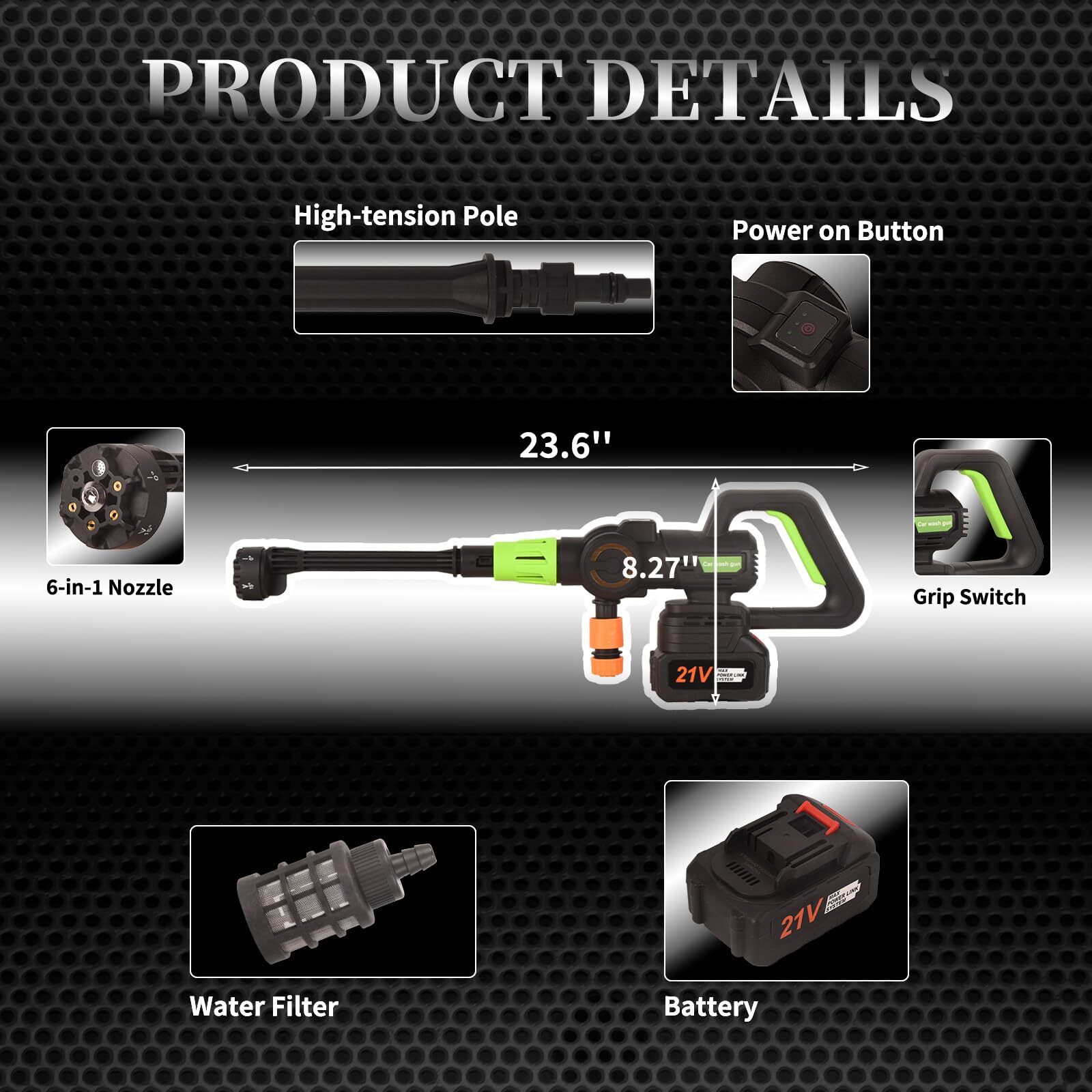 6 in 1 High Pressure Wash Water Gun 3-Speed Adjustment 652 PSI Power Cleaner