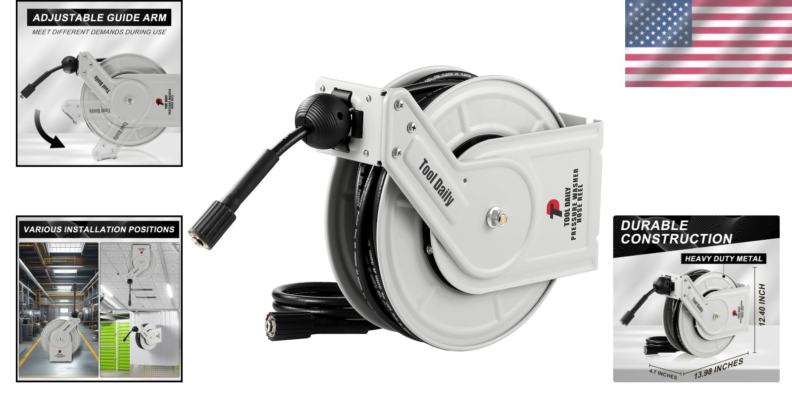 Auto-Rewinding Pressure Washer Hose Reel 60 FT, Heavy-Duty & Reliable