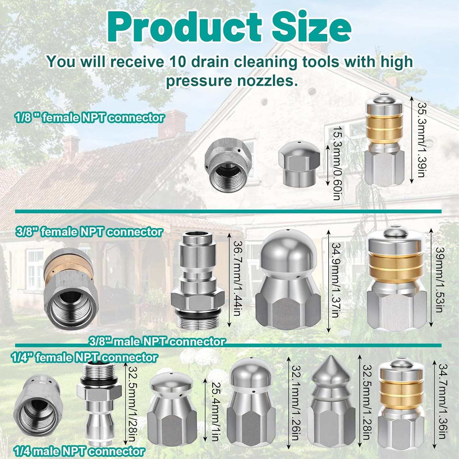 10Pcs Sewer Jetter Nozzle Kit with 1/4″ & 3/8″ NPT Quick Connectors,With 50 Need