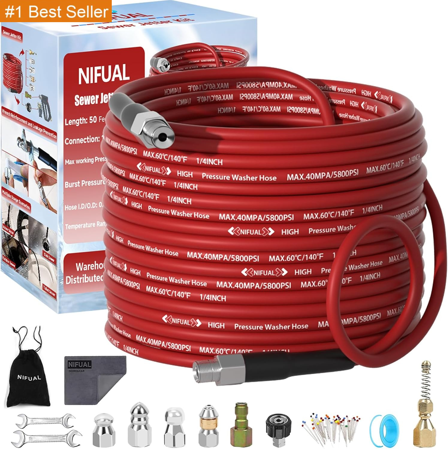 NIFUAL Sewer Jetter Kit for Pressure Washer,50Ft 5800PSI Pressure Drain Cleaner