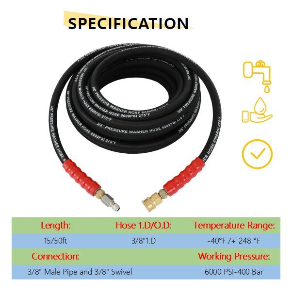 50ft 3/8″ 6000 PSI Pressure Washer Hose Black Non-Marking R2 Rating