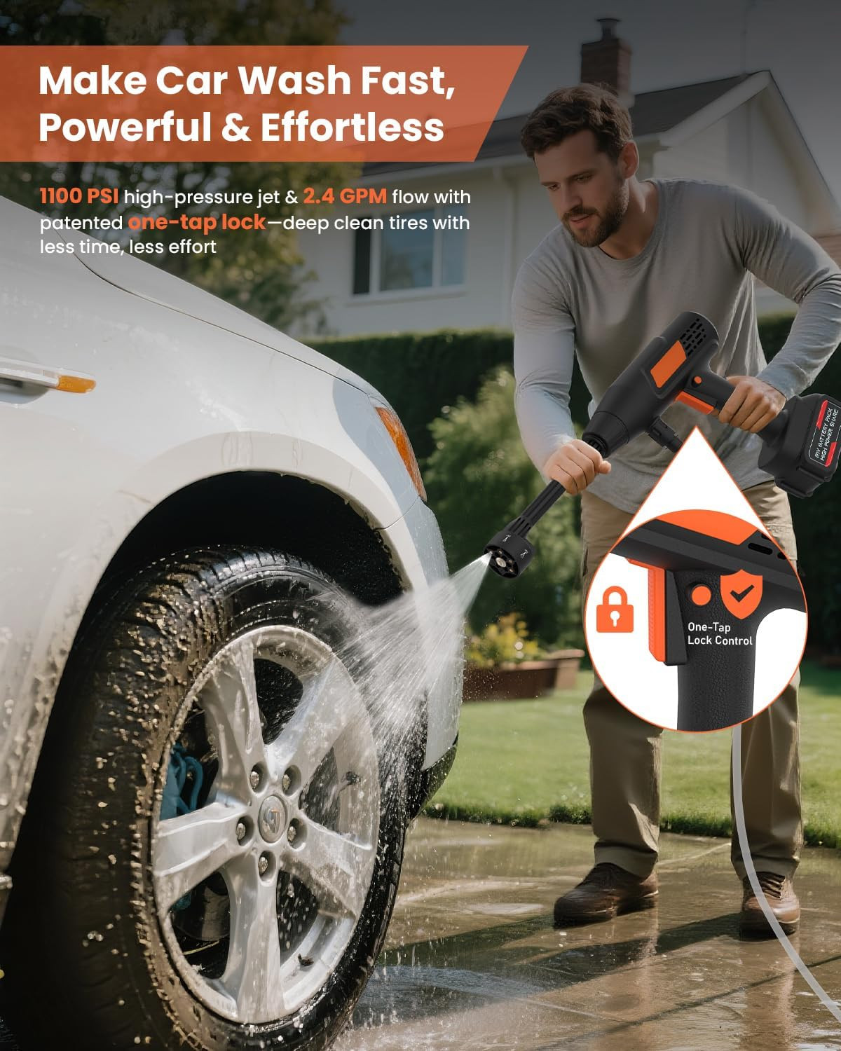 Cordless Pressure Washer Battery Powered 1100PSI Portable Power Washer Gun with