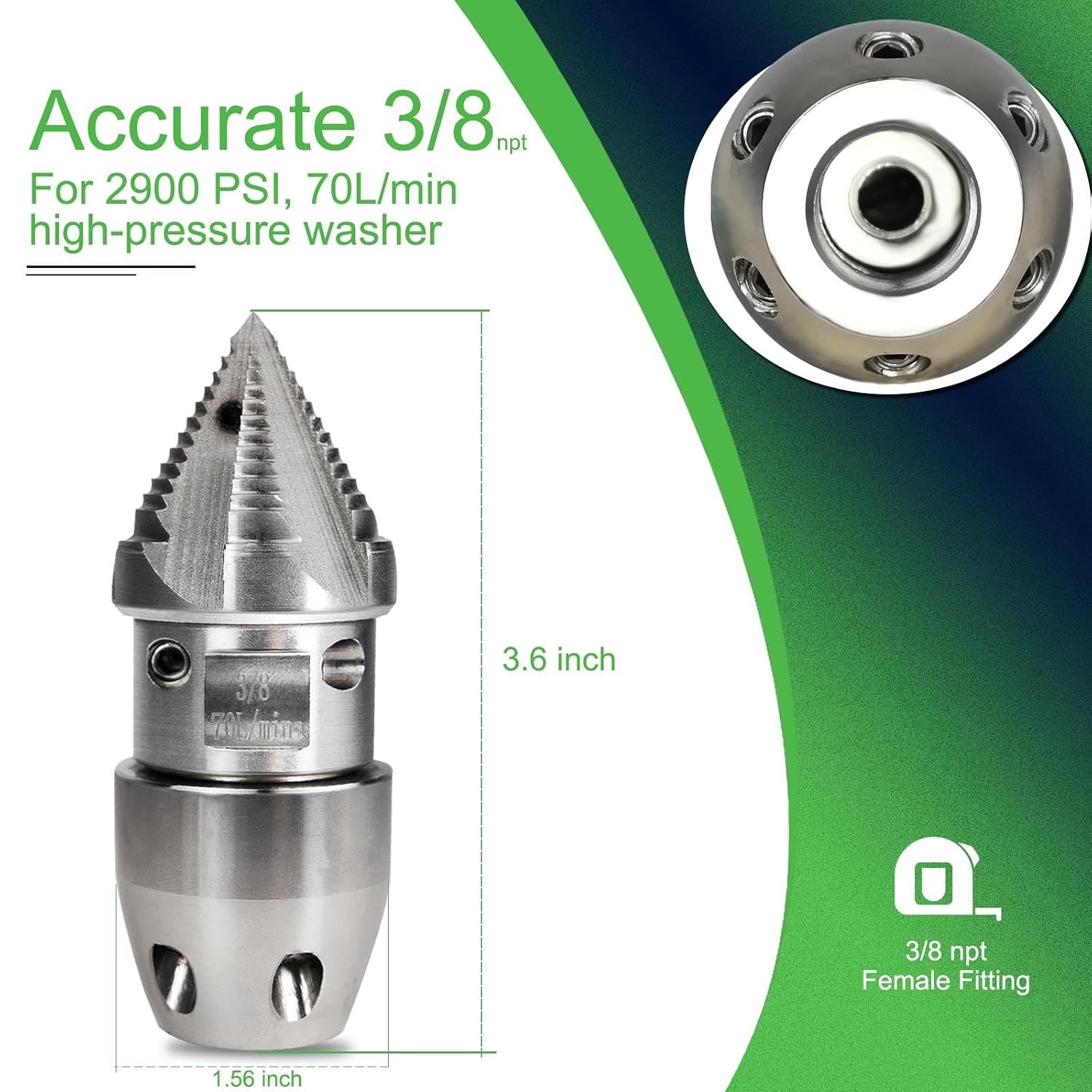 3/8 NPT Stainless Steel Sewer Jetter Nozzle 2900 PSI 70 L/min Pressure Washer