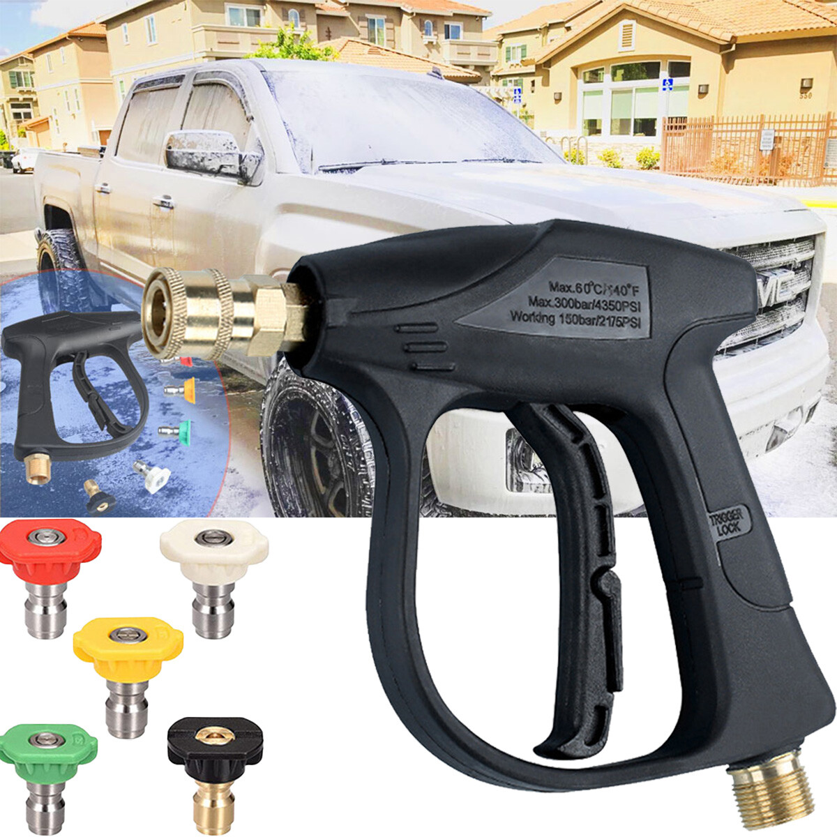 4350 PSI cleaning gun with 5 pressure washer nozzles 1/4″ quick coupler