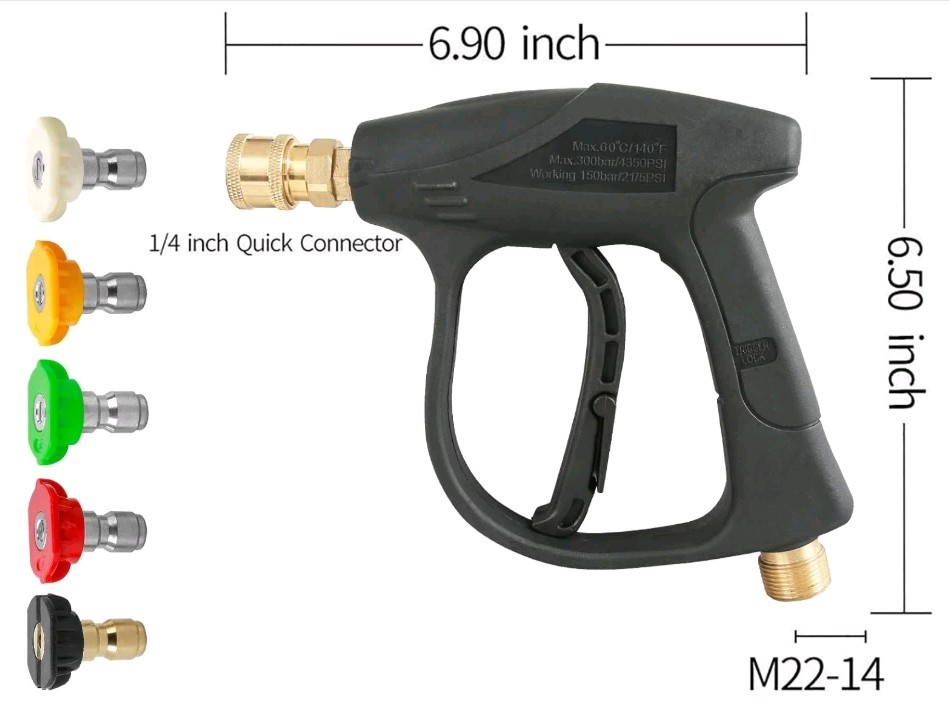 Sooprinse High Pressure Washer Gun+300PSI Max+5 color Nozzles M22-14 hose Tip