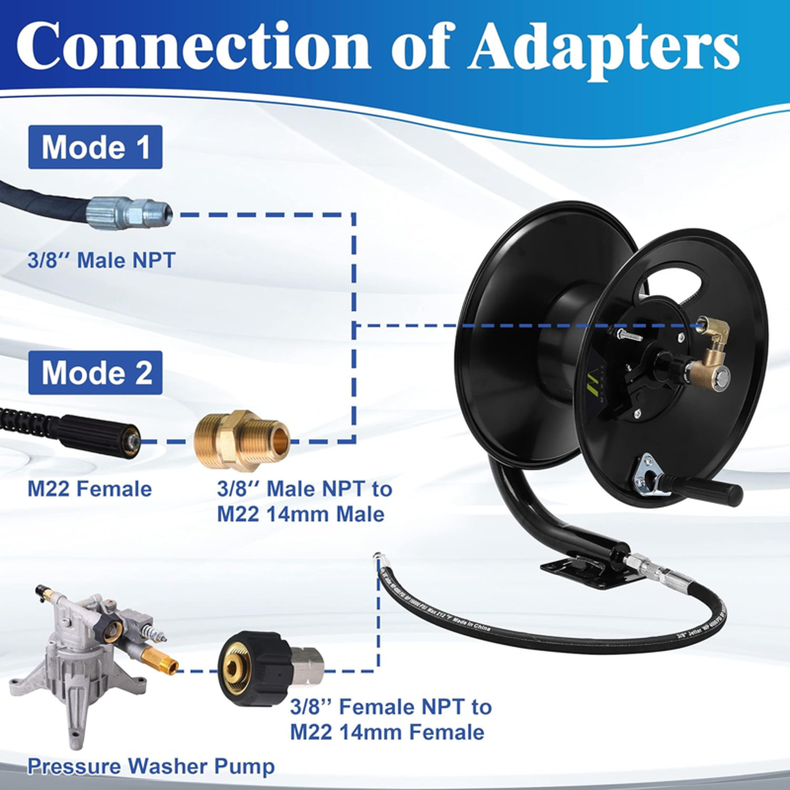 Pressure Washer Hose Reel 100ft x 3/8″ / 150ft x 1/4″, 4000 PSI | Heavy Duty