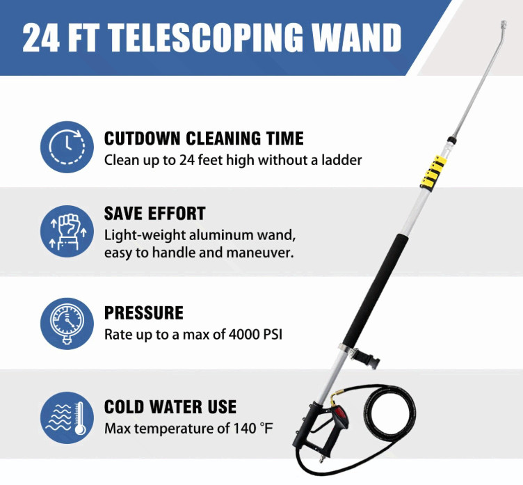 24FT Telescoping Pressure Washer Wand Kit w/Gutter Cleaner & 5 Nozzle Tips