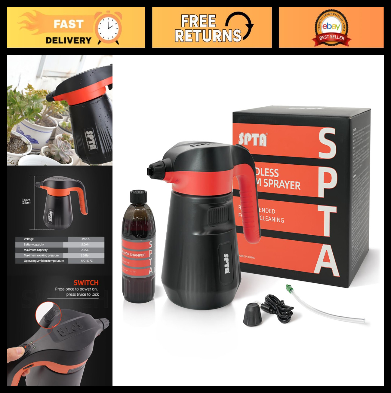 Electric Foam Sprayer 2.25L, Cordless Car Wash Pressure Washer with 500ML Shampo