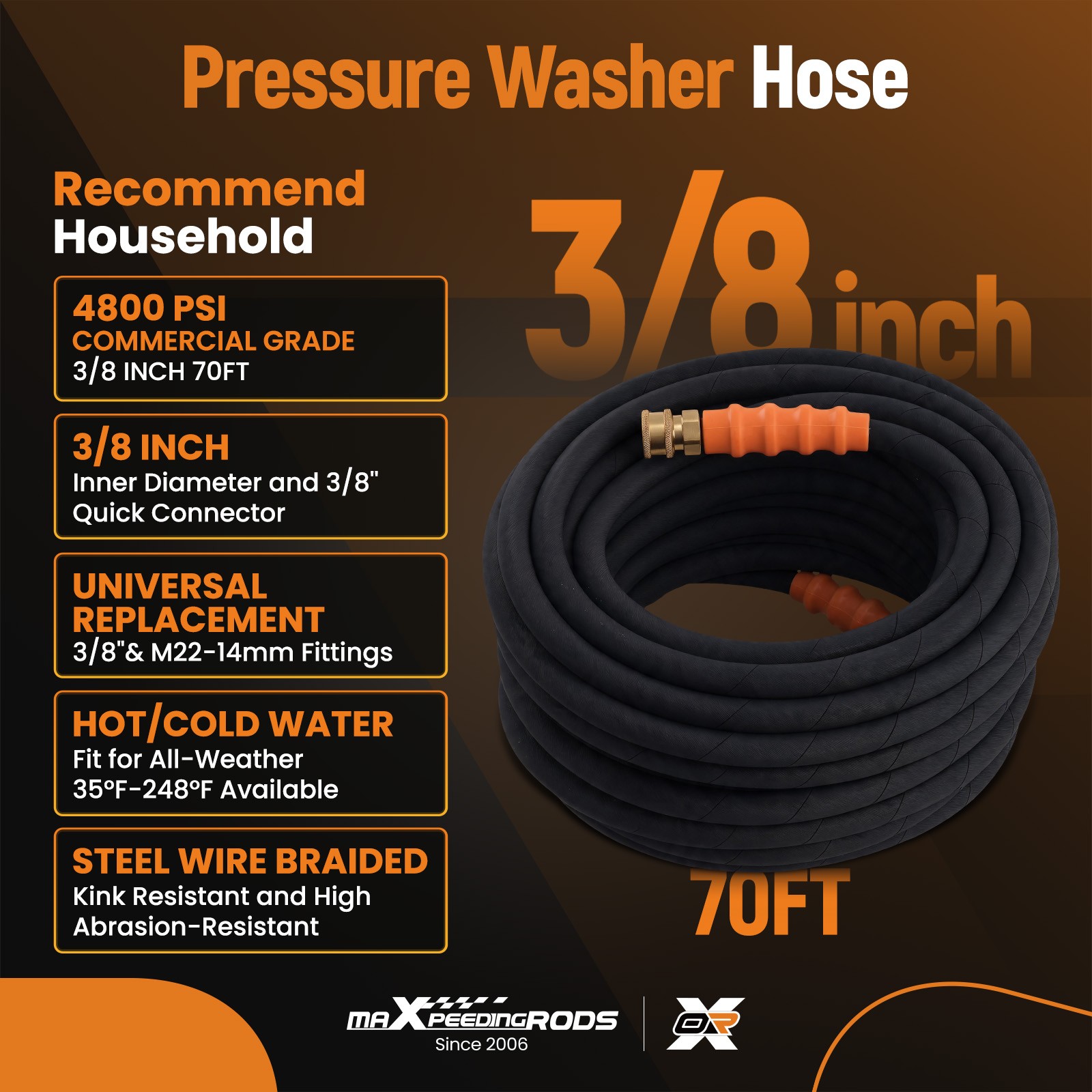 70FT 3/8″ Pressure Washer Hose 4800PSI Hot Cold Steel Wire Braid