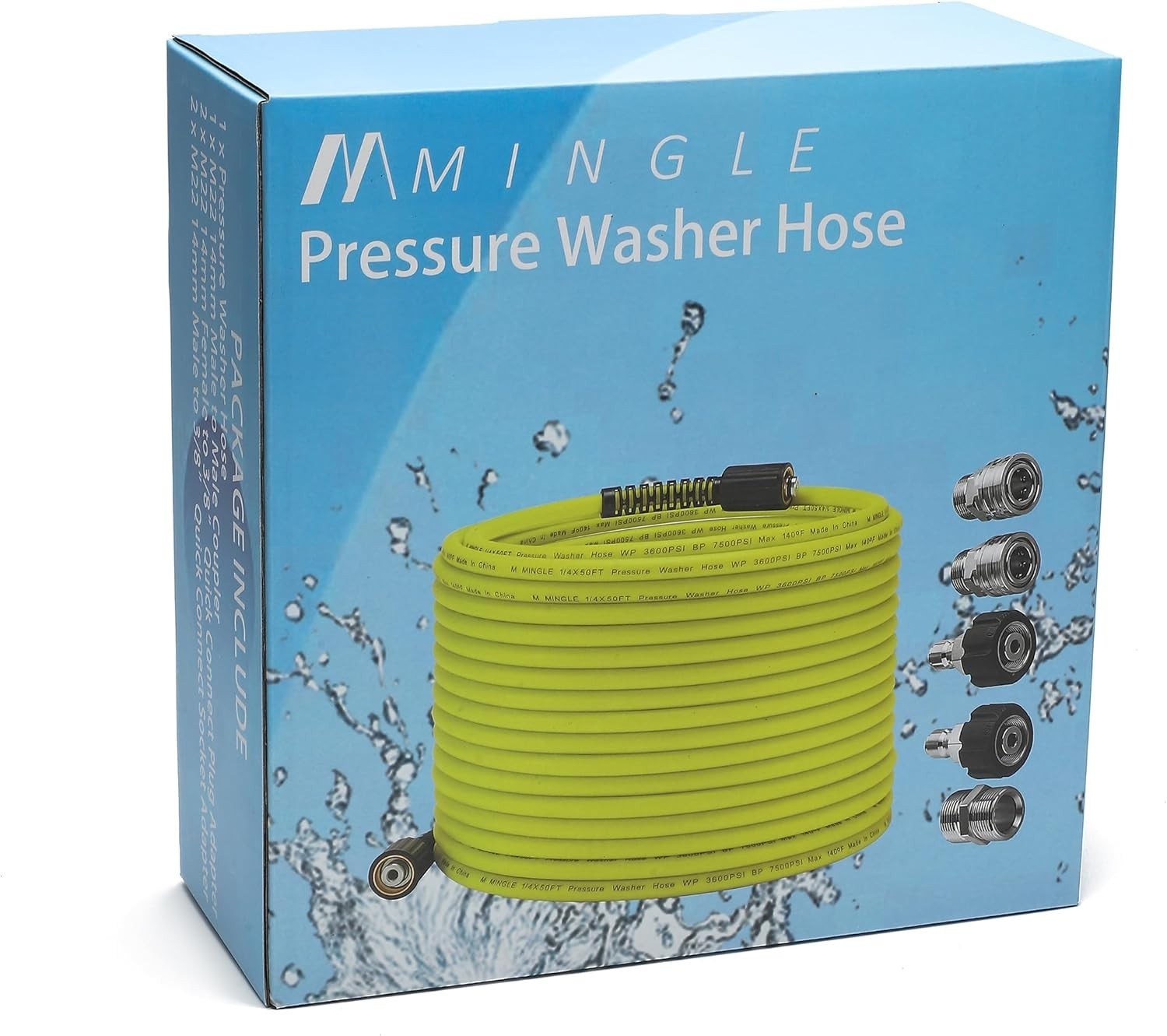 50 FT x 1/4″ Pressure Washer Hose with Secure M22 Quick-Connect Adapters