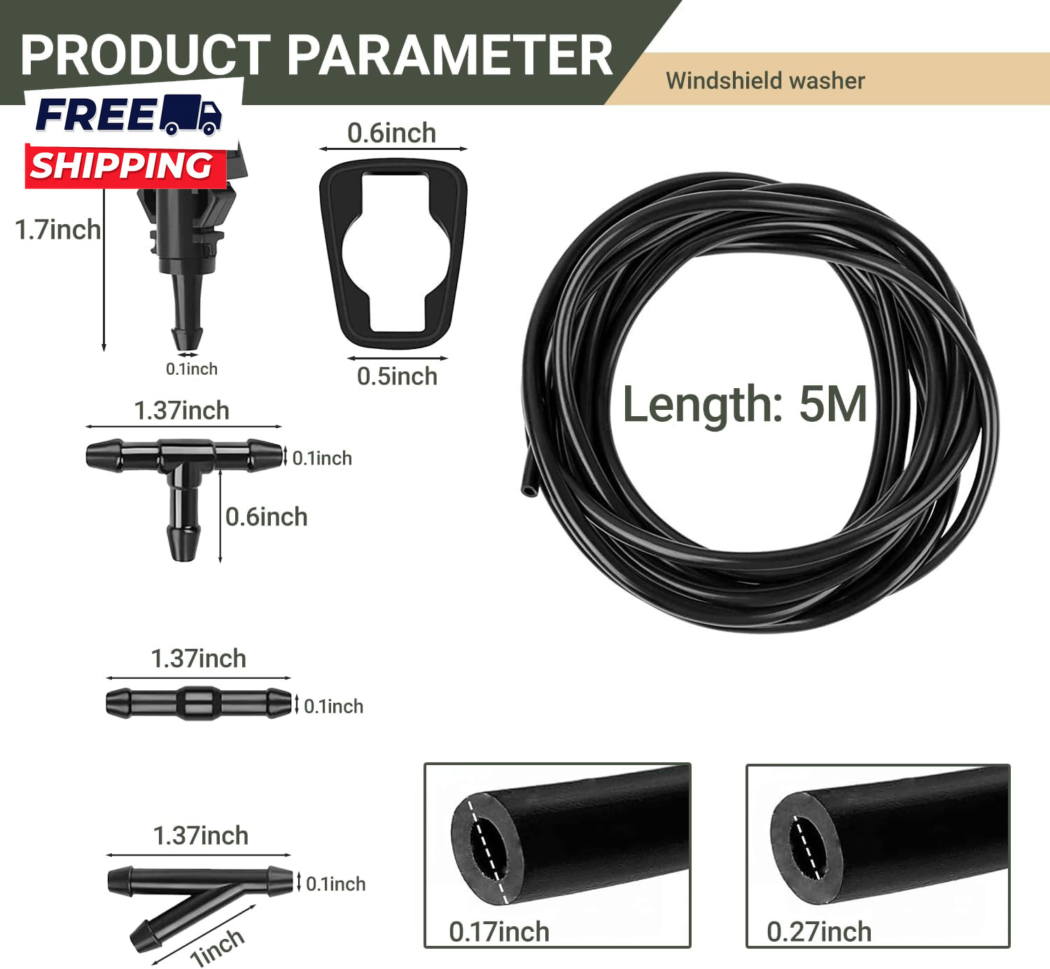Windshield Washer Hose Kit 5M Washer Fluid Hose with 12 Pcs Connectors 2 Fan No