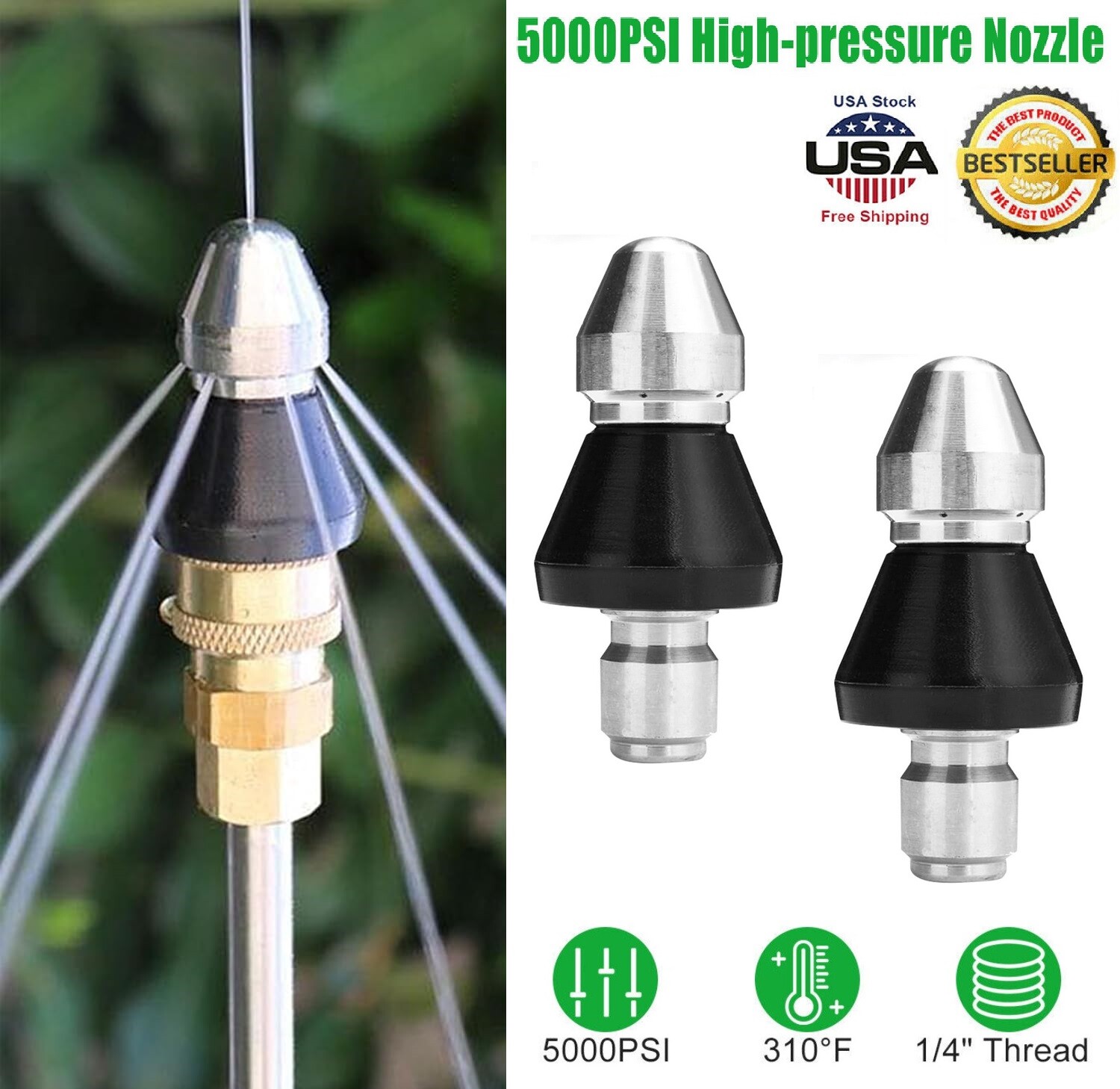 2× Sewer Cleaning Tool High-pressure Nozzle 5000psi Pipe Cleaner 1/4″ Connector