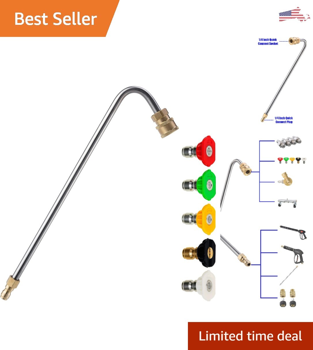 Versatile Power Washer Gutter Cleaner – Angled Extension Wand – 5 Nozzle Tips