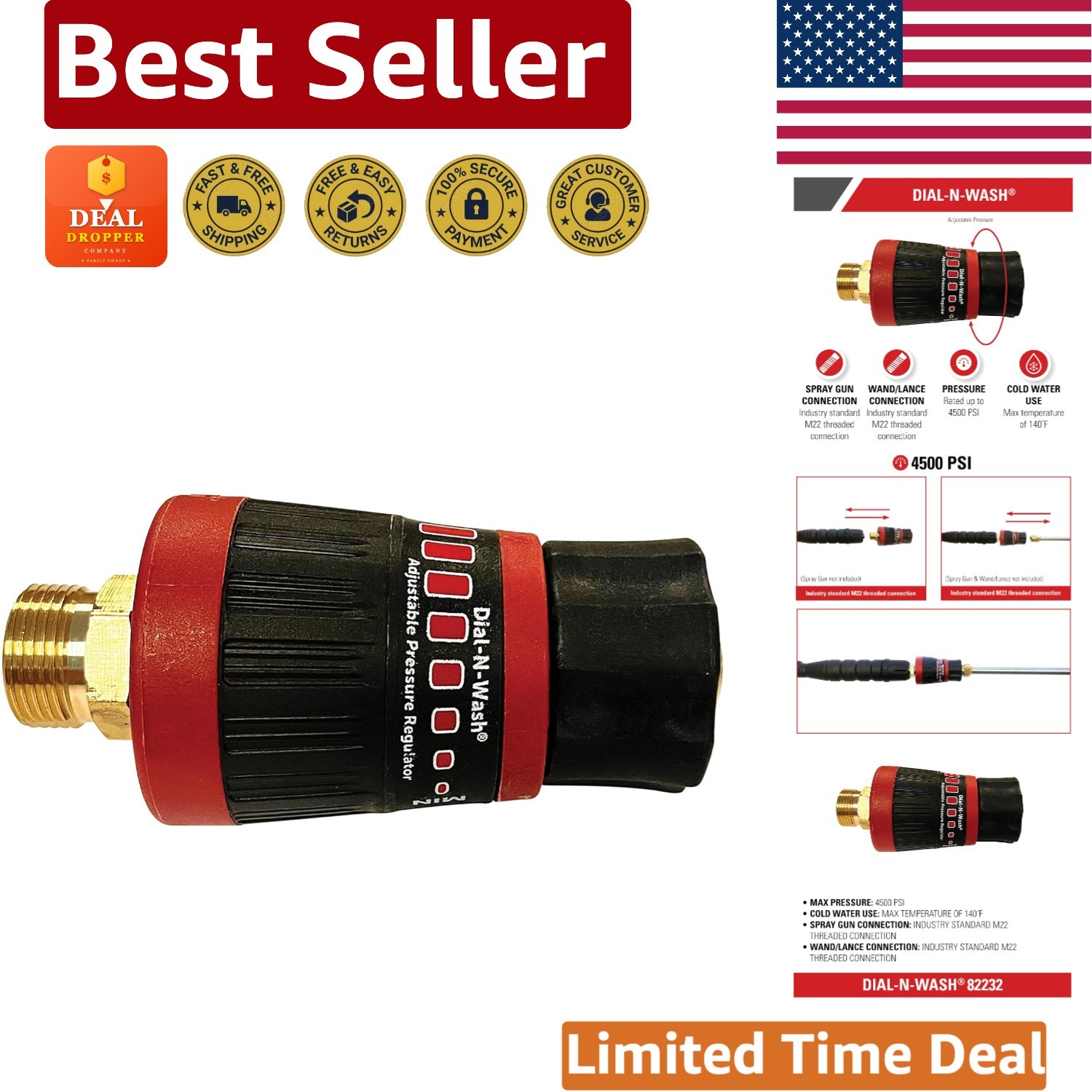 Dial-N-Wash Adjustable 4500 PSI Pressure Regulator for Gas & Electric Washers