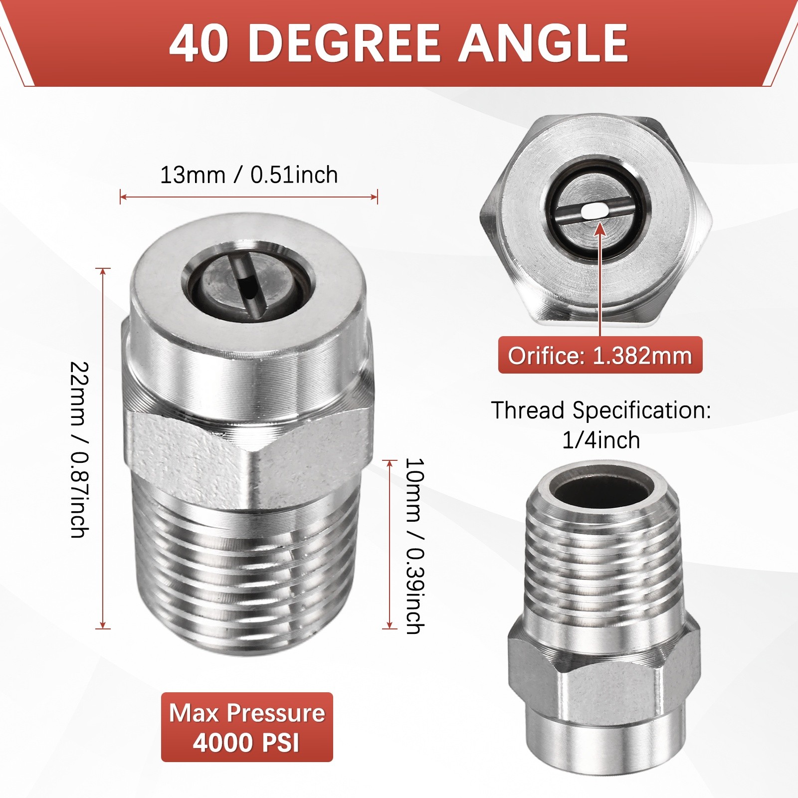 1/4″ NPT 40° Surface Cleaner Tip [2PCS] – Pressure Washer Nozzle [1.382MM Pore]