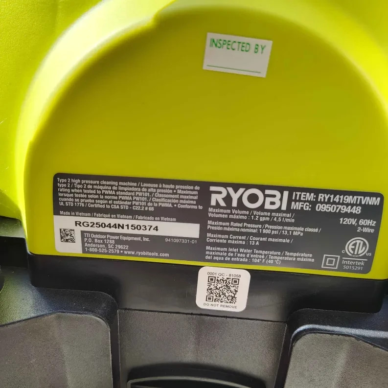 RYOBI RY1419MT 1900 PSI 1.2 GPM Electric Pressure Washer