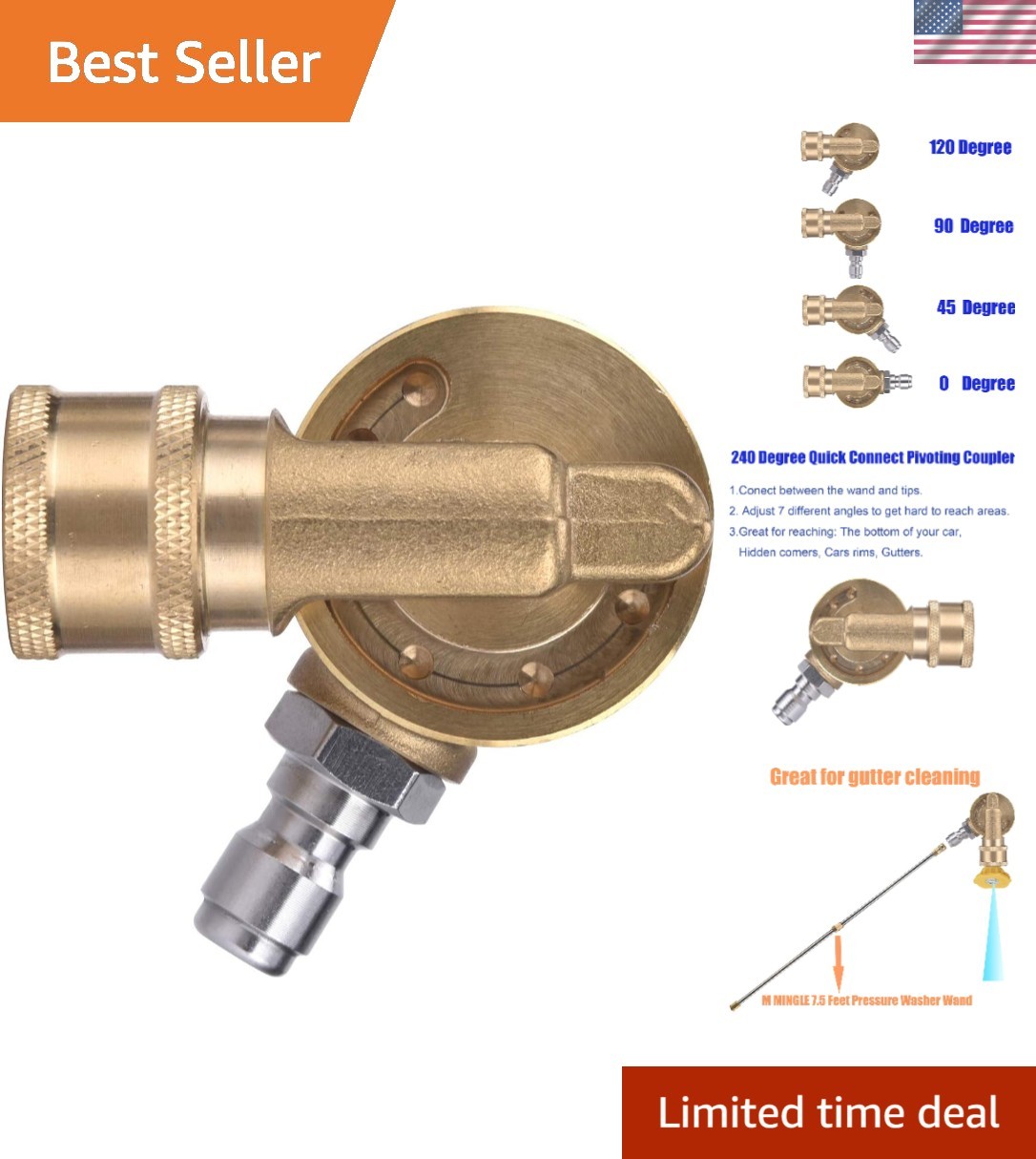 Gutter Cleaner Attachment with 240° Pivot Coupler for Pressure Washers