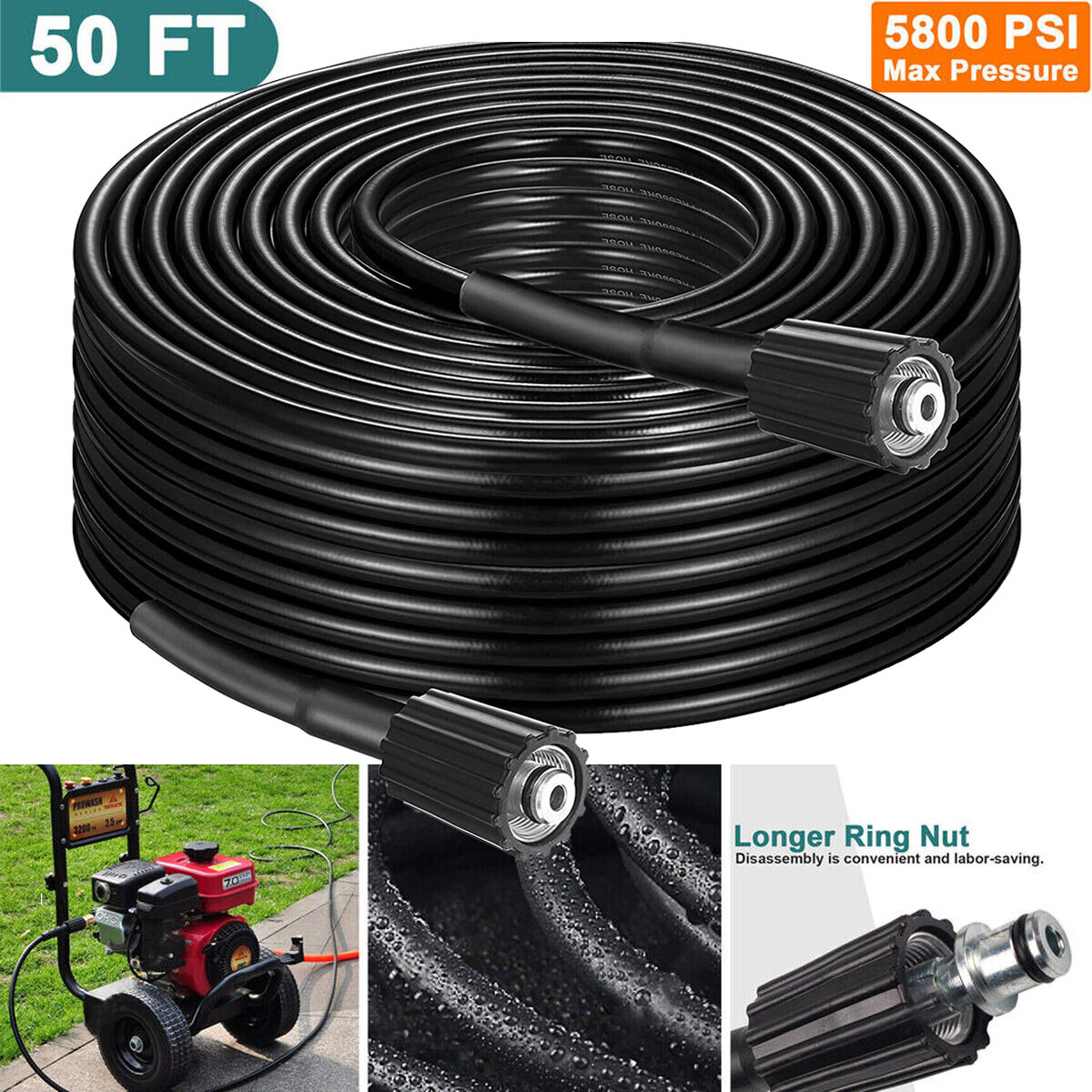 High Pressure Washer Hose 15m/50ft 5800PSI M22-14mm Power Washer Extension Tube