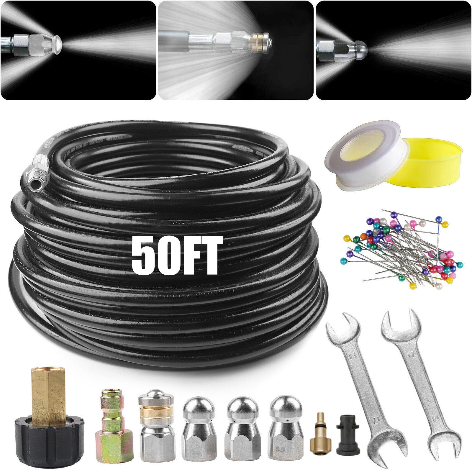 5800PSI Sewer Jetter Nozzles Kit 100FT 50FT Cleaning Hose for Pressure Washer US