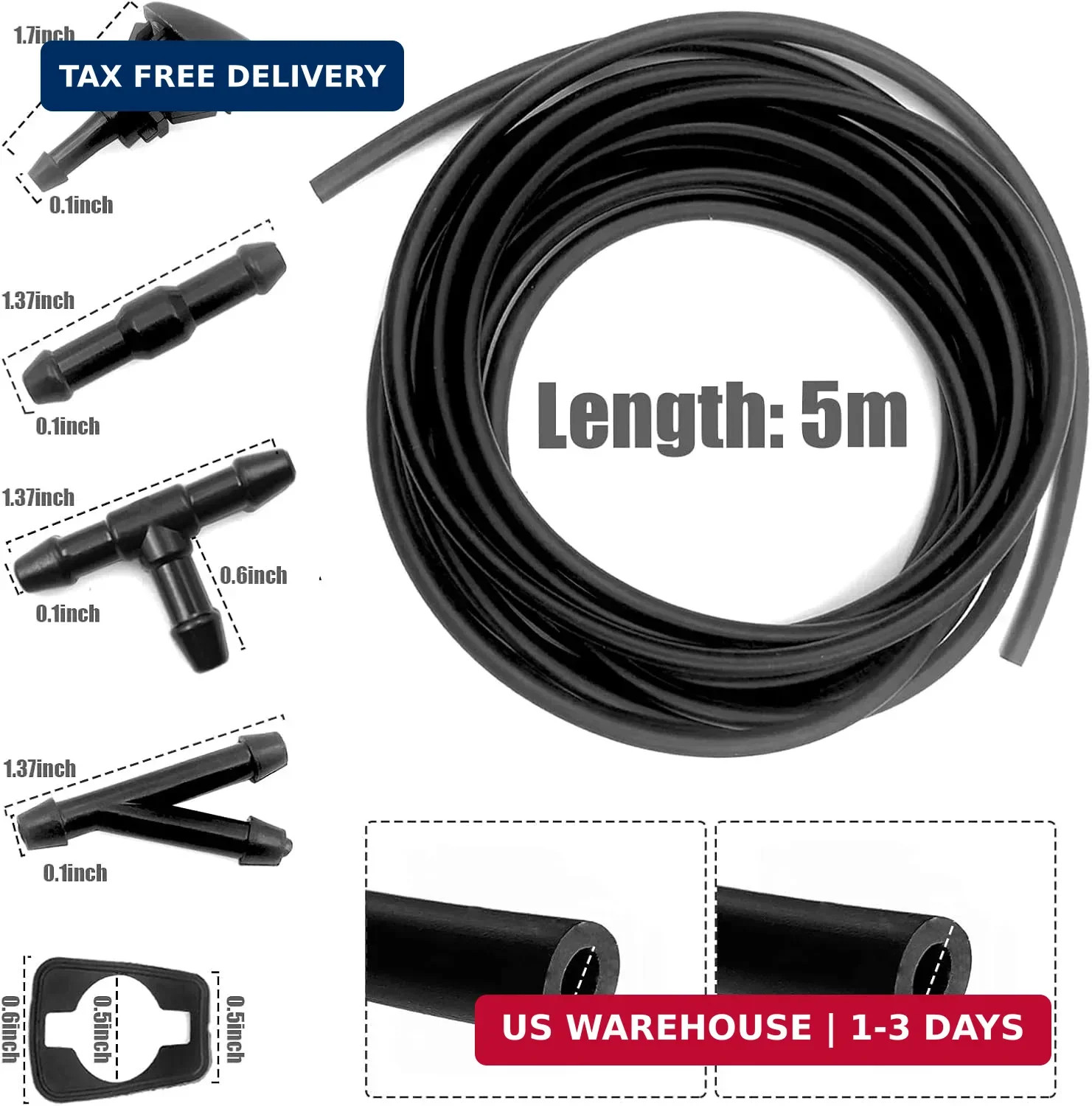 Windshield Washer Hose Kit, 5M Washer Fluid Hose+12 Pcs Hose Connectors+2 Fan No