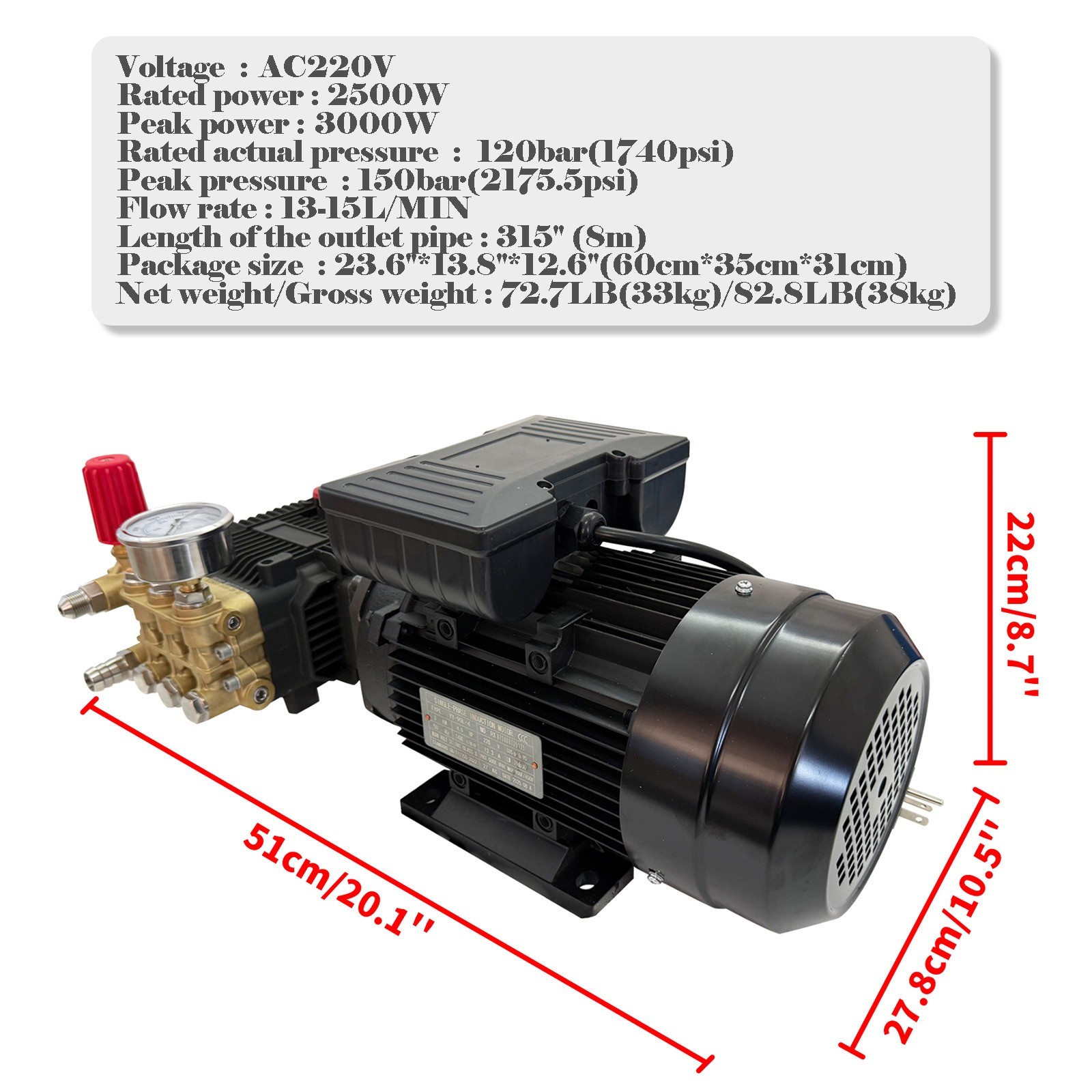 220V High Pressure Car Washing Machine Fully Auto Cleaning Pump 13-15L/MIN