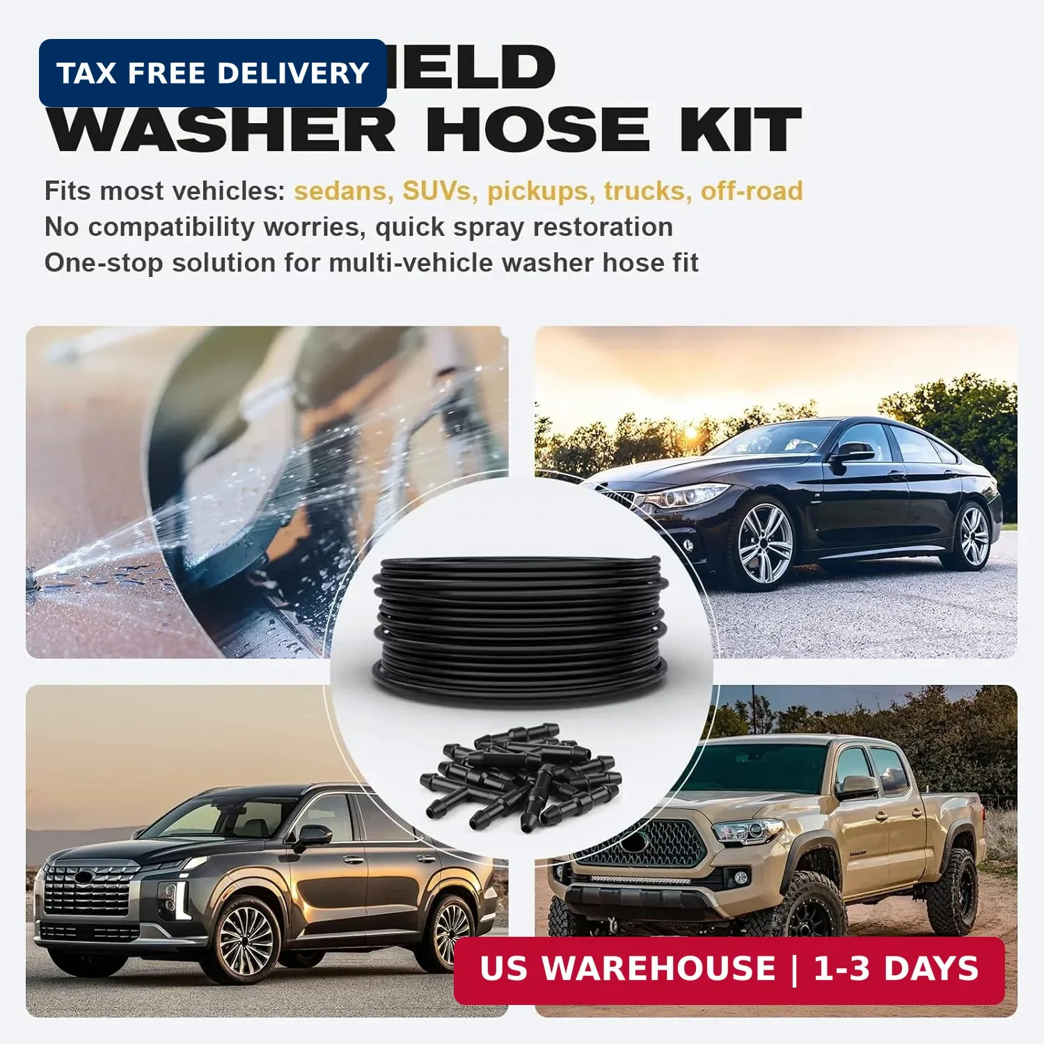 Windshield Washer Hose Kit, 4M Flexible Durable Rubber Washer Fluid Tubing & 30