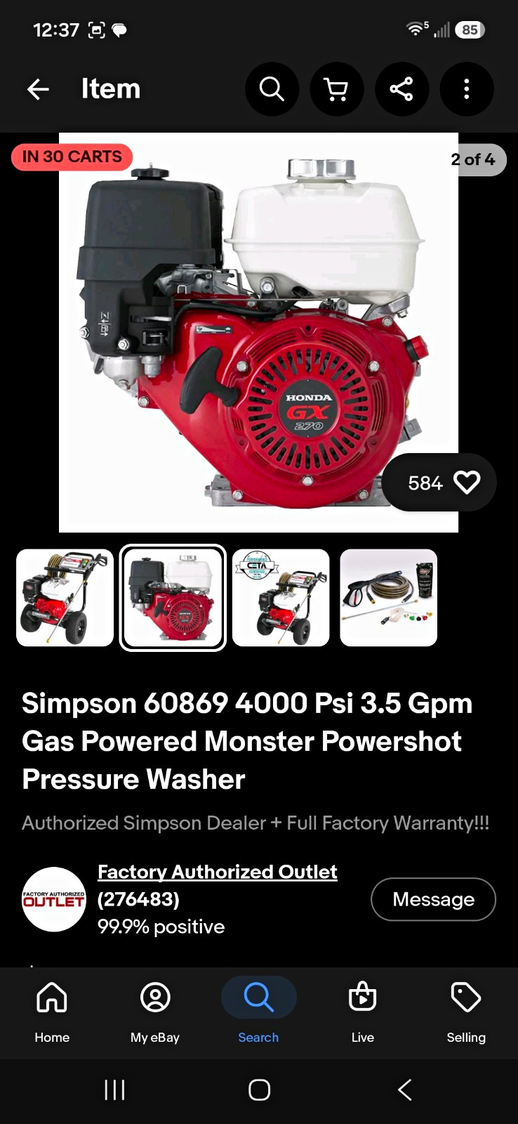 Simpson PowerShot 60869 4000 PSI 3.5 GPM Gas 270cc 4-Stroke No Returns