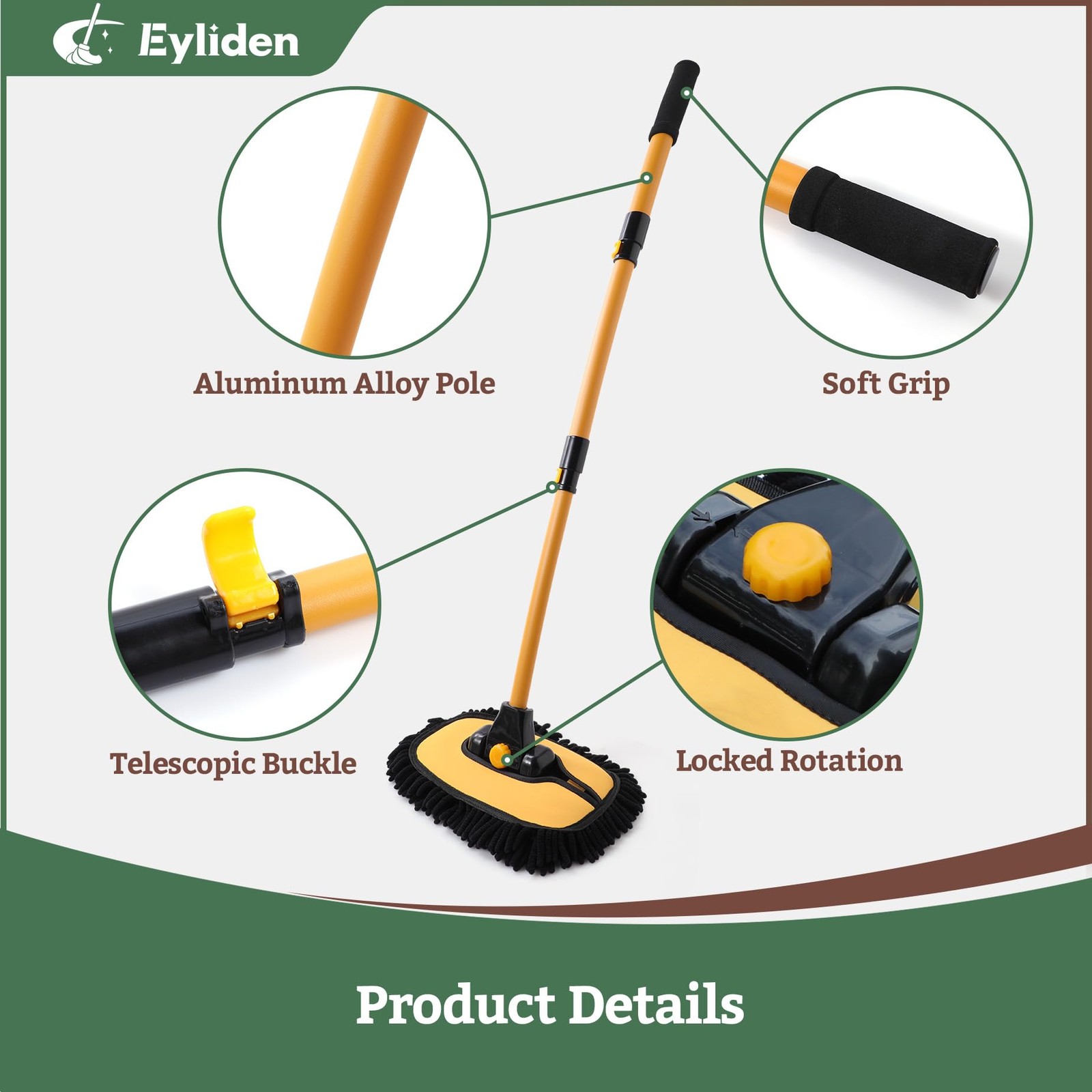 Eyliden Car Wash Brush Mop with Long Handle, 90° Swivel Head Yellow & Black