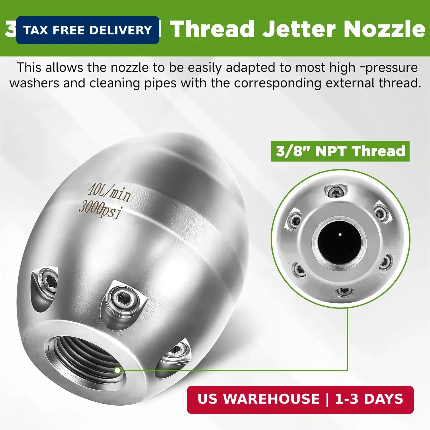 Sewer Jetter Nozzle for Pressure Washer, 3/8″ NPT Internal Thread Strong Shot Je