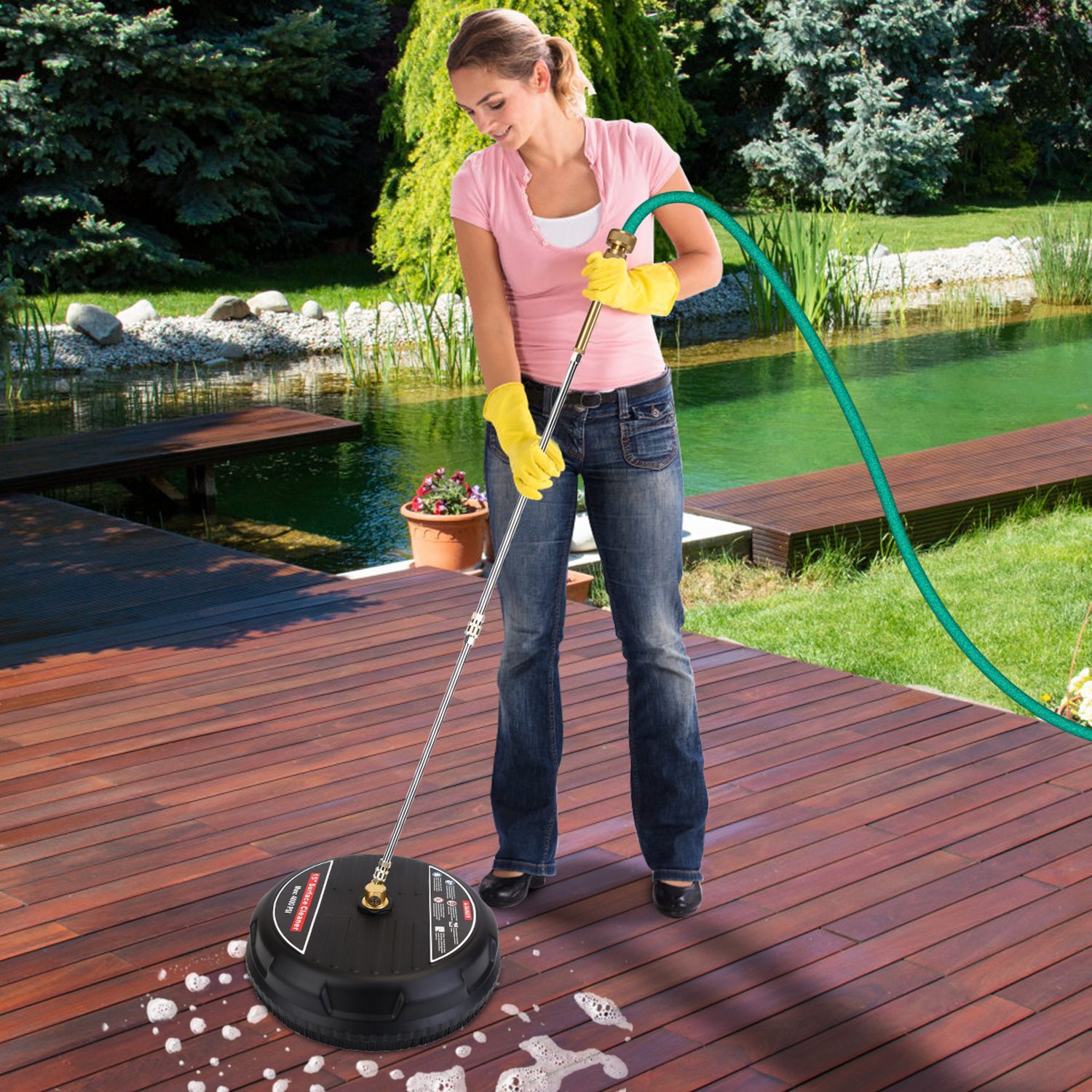 3600 PSI 15″ Pressure Washer Surface Cleaner Attachment with 2 Extension Wand