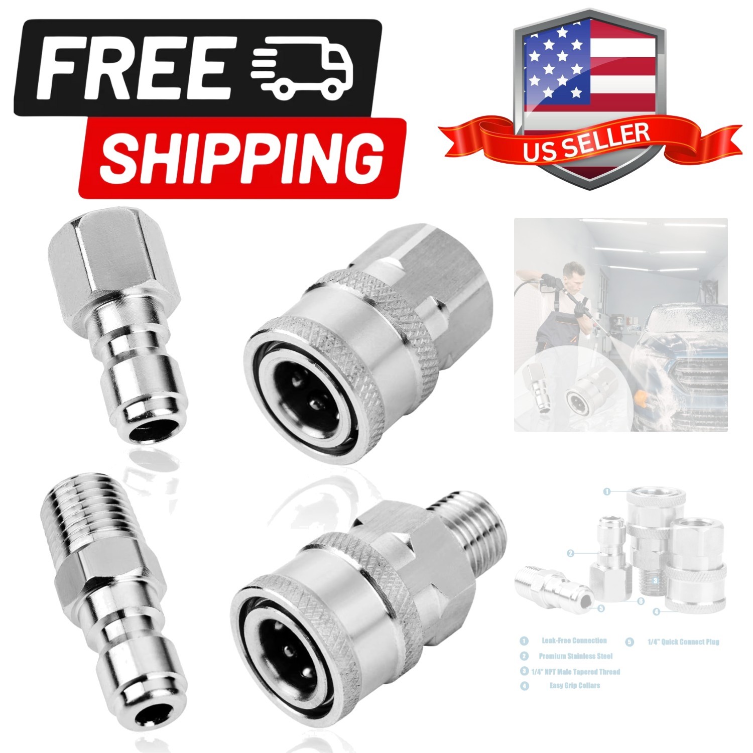 2 Sets NPT 1/4 Inch Pressure Washer Coupler Quick Connect Plug Stainless Stee…