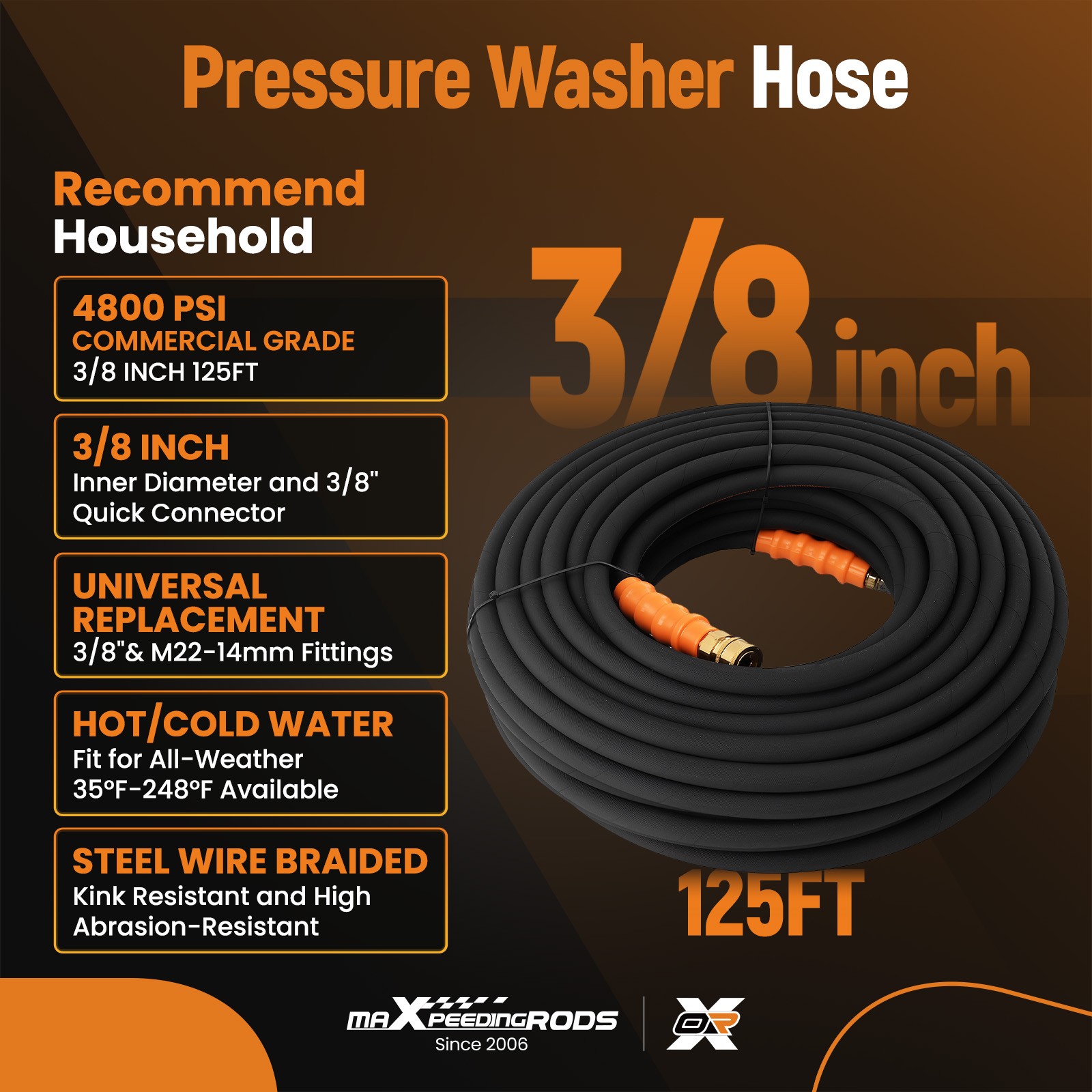 125 Feet Extension Pressure Hose 3/8″ 4800PSI for Westinghouse Troy-Bilt