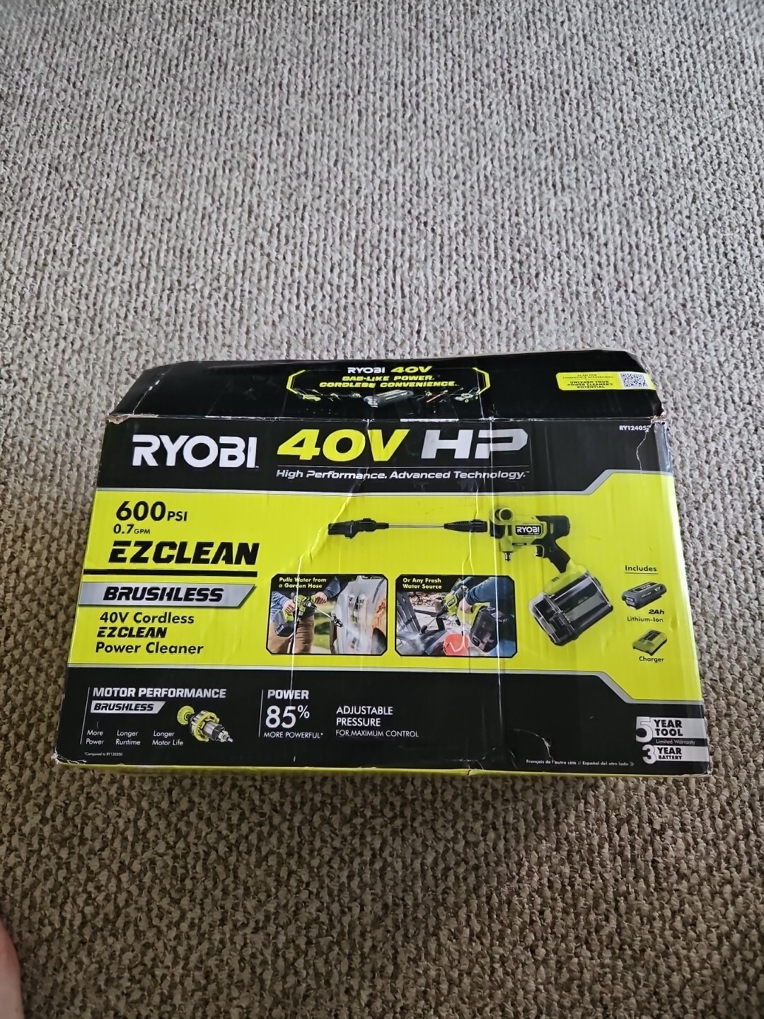 Ryobi RY124052K 40V HP Brushless EZClean 600PSI 0.7 GPM Cold Water Cleaner Kit.