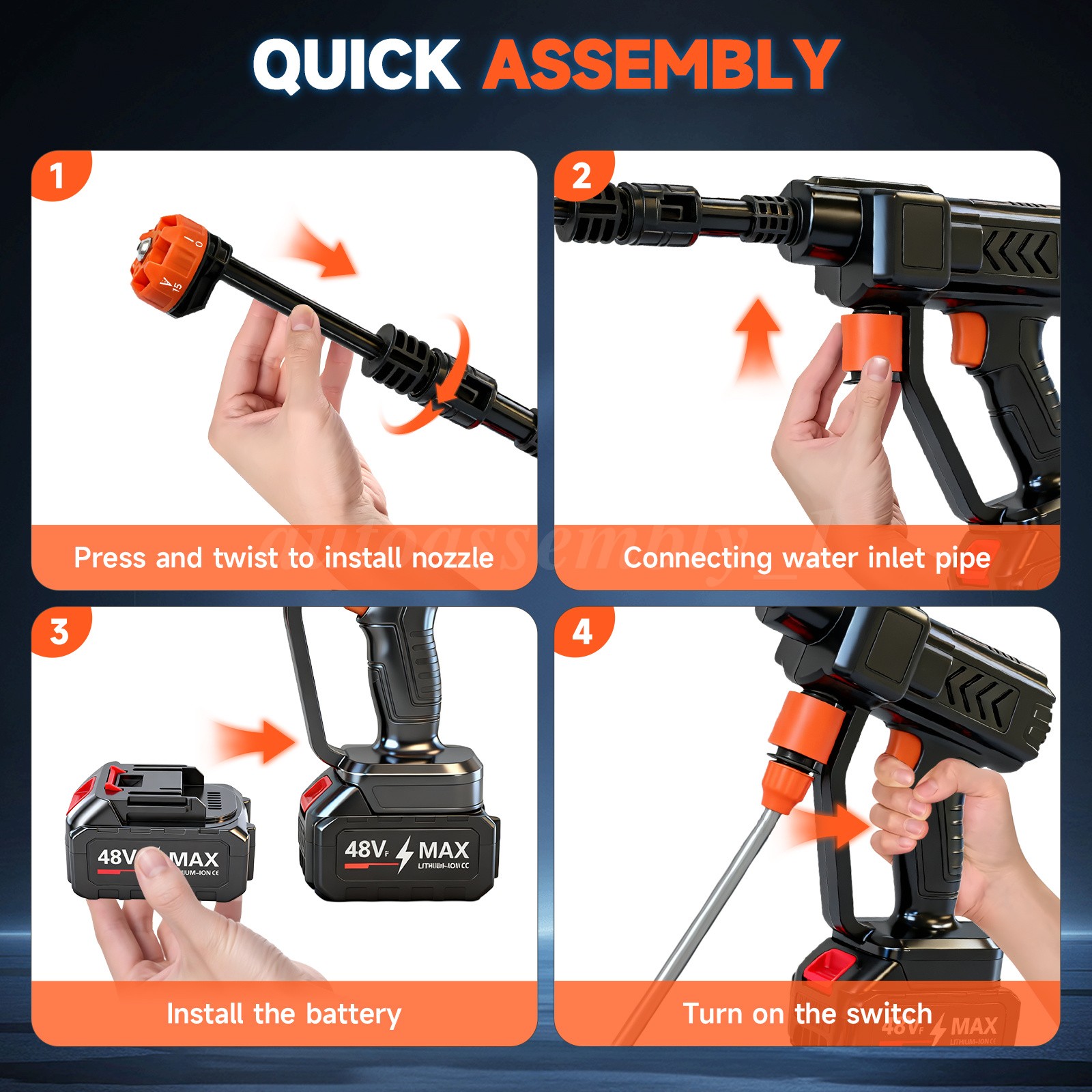 900PSI Cordless Pressure Washer Handheld Car Wash Gun 6-in-1 Nozzle 16.4FT Hose