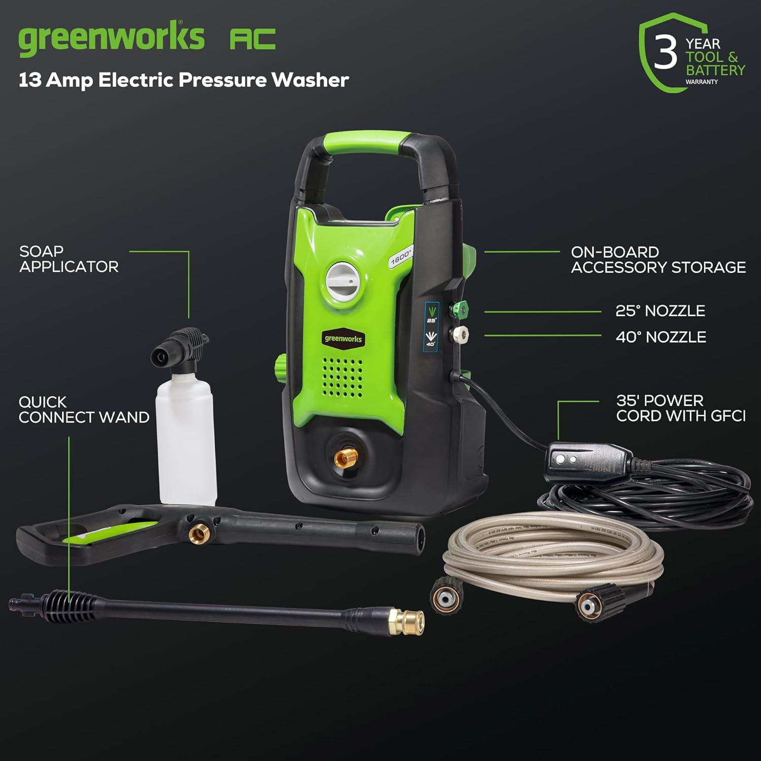 Greenworks 1600 PSI (1.2 GPM) Electric Pressure Washer (25°, 40°, Soap Applicato