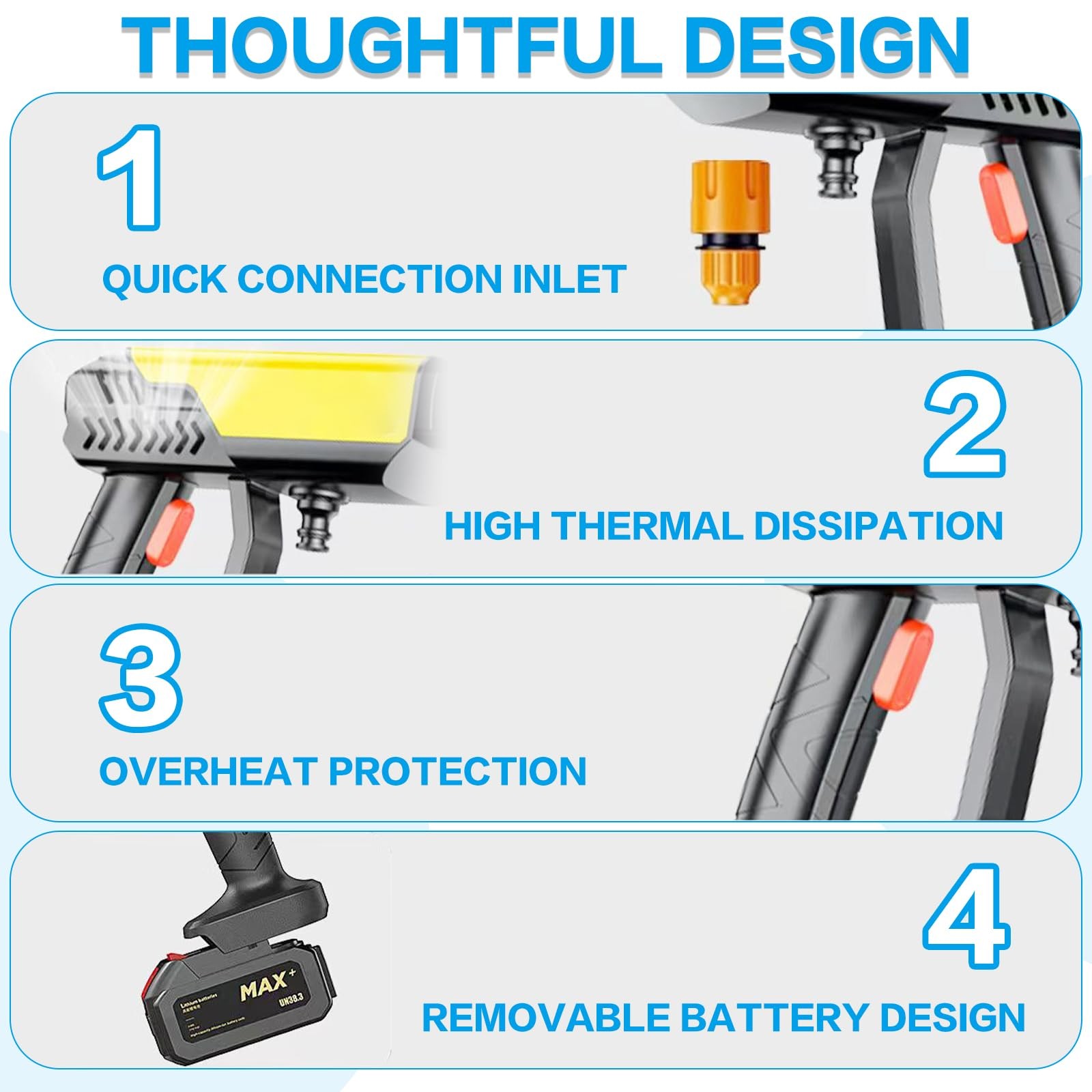 Cordless Pressure Washer 990 PSI Portable w/Battery, 6-in-1 Nozzle, Foam Jug