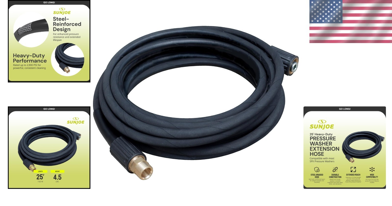 Heavy-Duty 25ft Pressure Washer Hose M22 15mm Swivel Connector Rubber Black