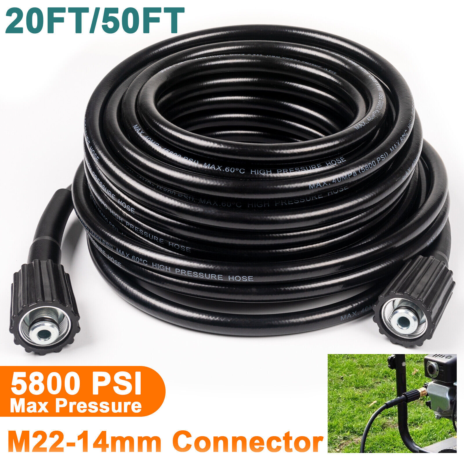 High Pressure Washer Hose 20/50ft 5800PSI Power Washer Extension Hose M22-14mm