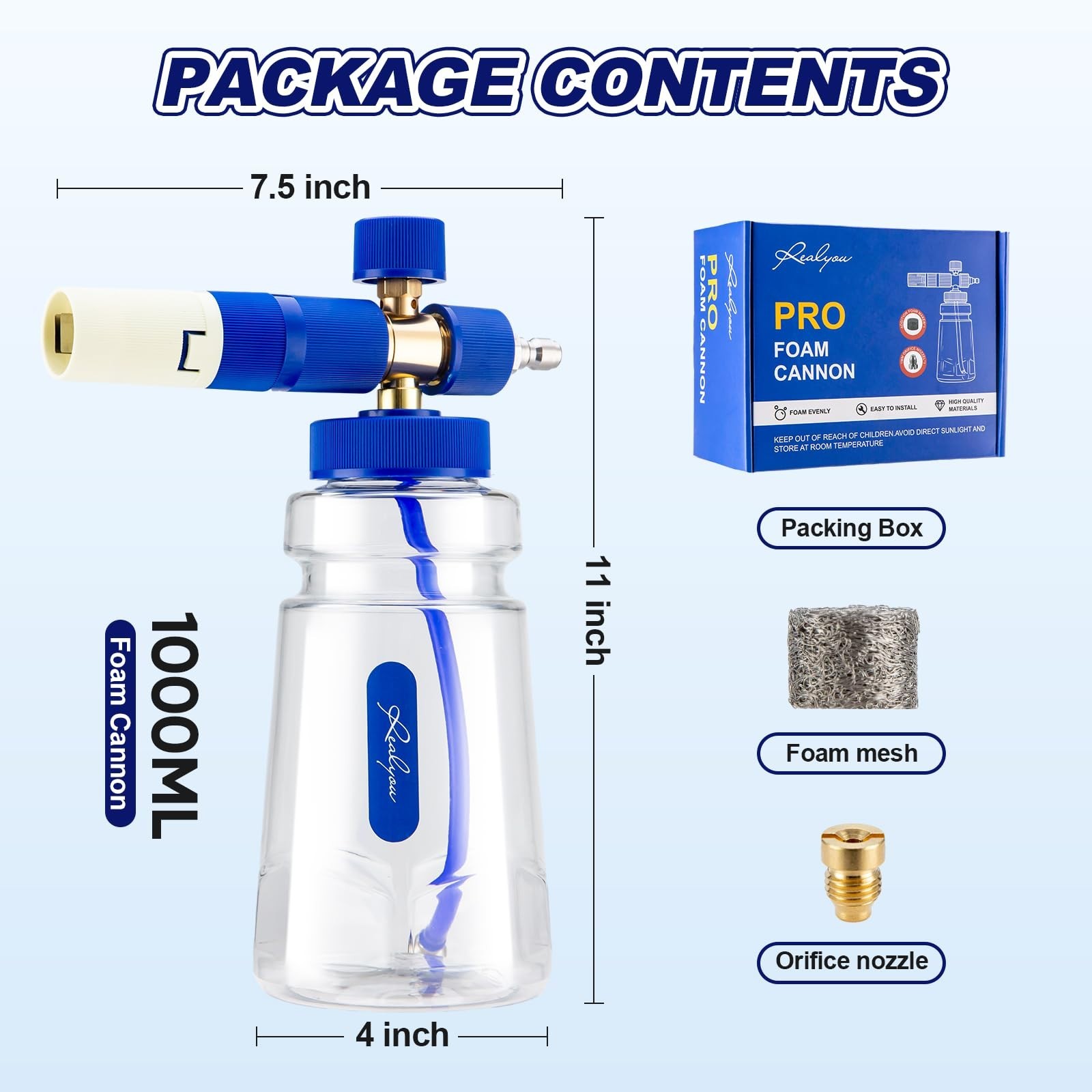 Foam Cannon for Pressure Washer – 1/4″ Quick Connector, 1.1mm Nozzle & 1L Bottle