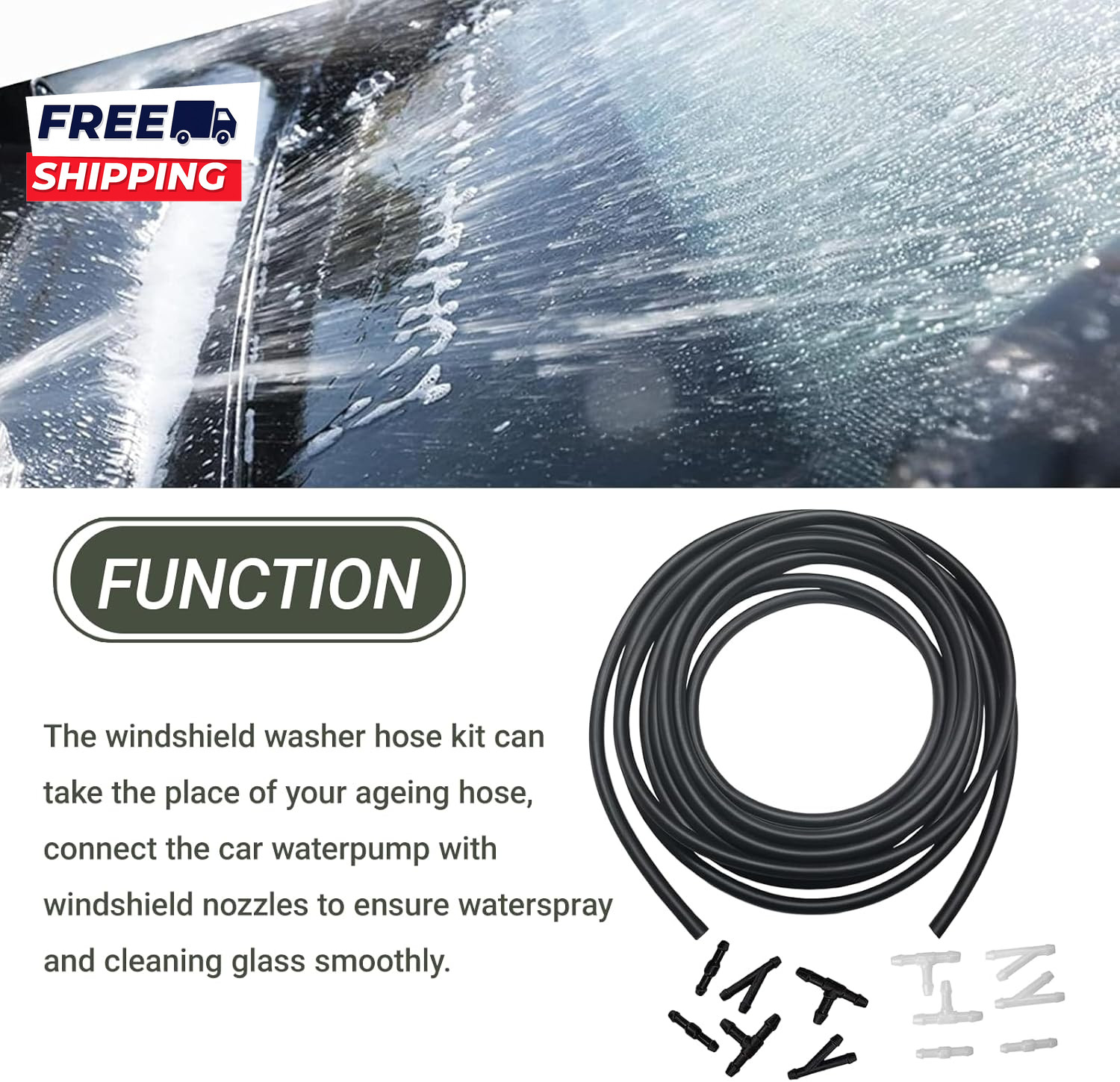 Windshield Washer Hose Kit 5M Washer Fluid Hose with 12 Pcs Connectors 2 Fan No