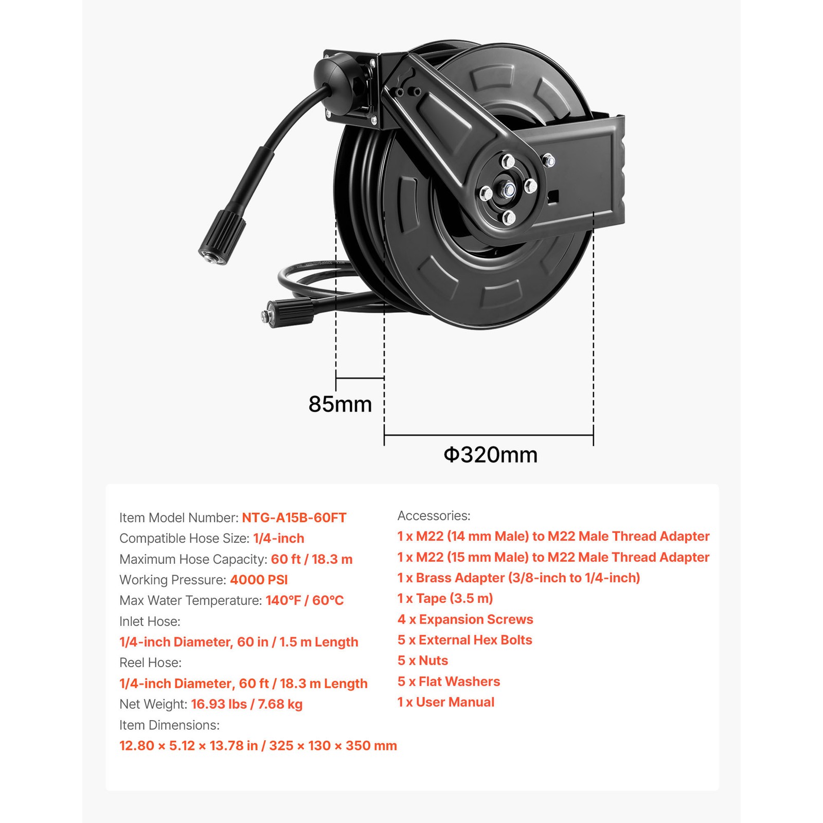 Uimoso Retractable 60ft Pressure Washer Hose Reel, 1/4in, 4000 PSI Auto Rewind