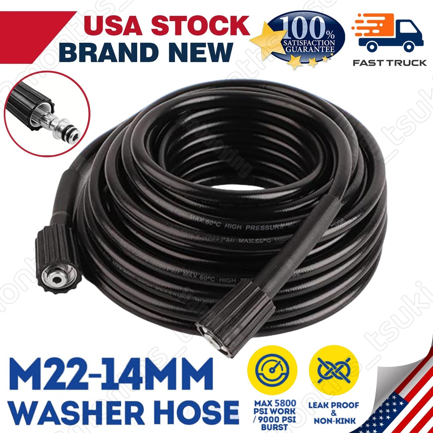 50FT 5800 PSI High Pressure Power Washer Replacement Hose 3/8″ Quick Connection