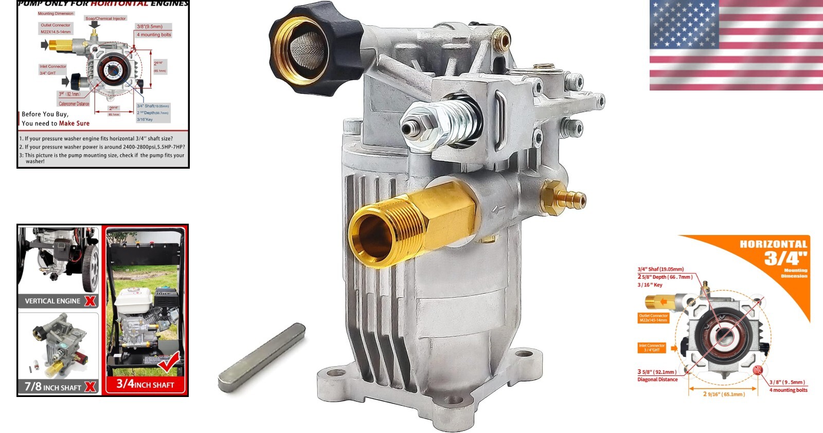 Universal 3/4″ Shaft Pressure Washer Pump – 2400 to 2800 PSI, 3.1 GPM Flow