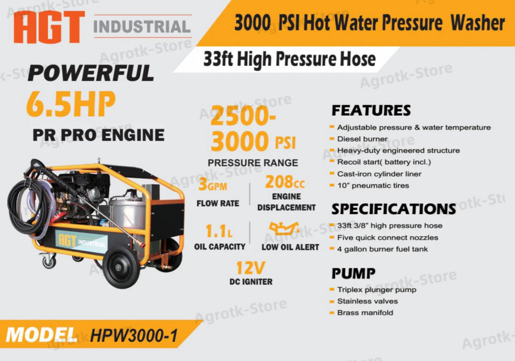 3000PSI Hot Water High Pressure Washer Machine 6.5 HP Diesel Burner Manual Start