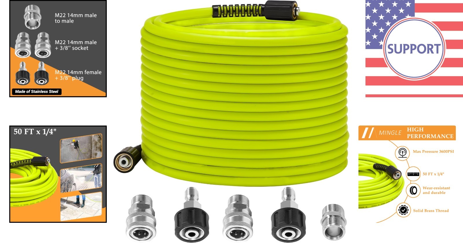 50 FT x 1/4″ Pressure Washer Hose with Secure M22 Quick-Connect Adapters