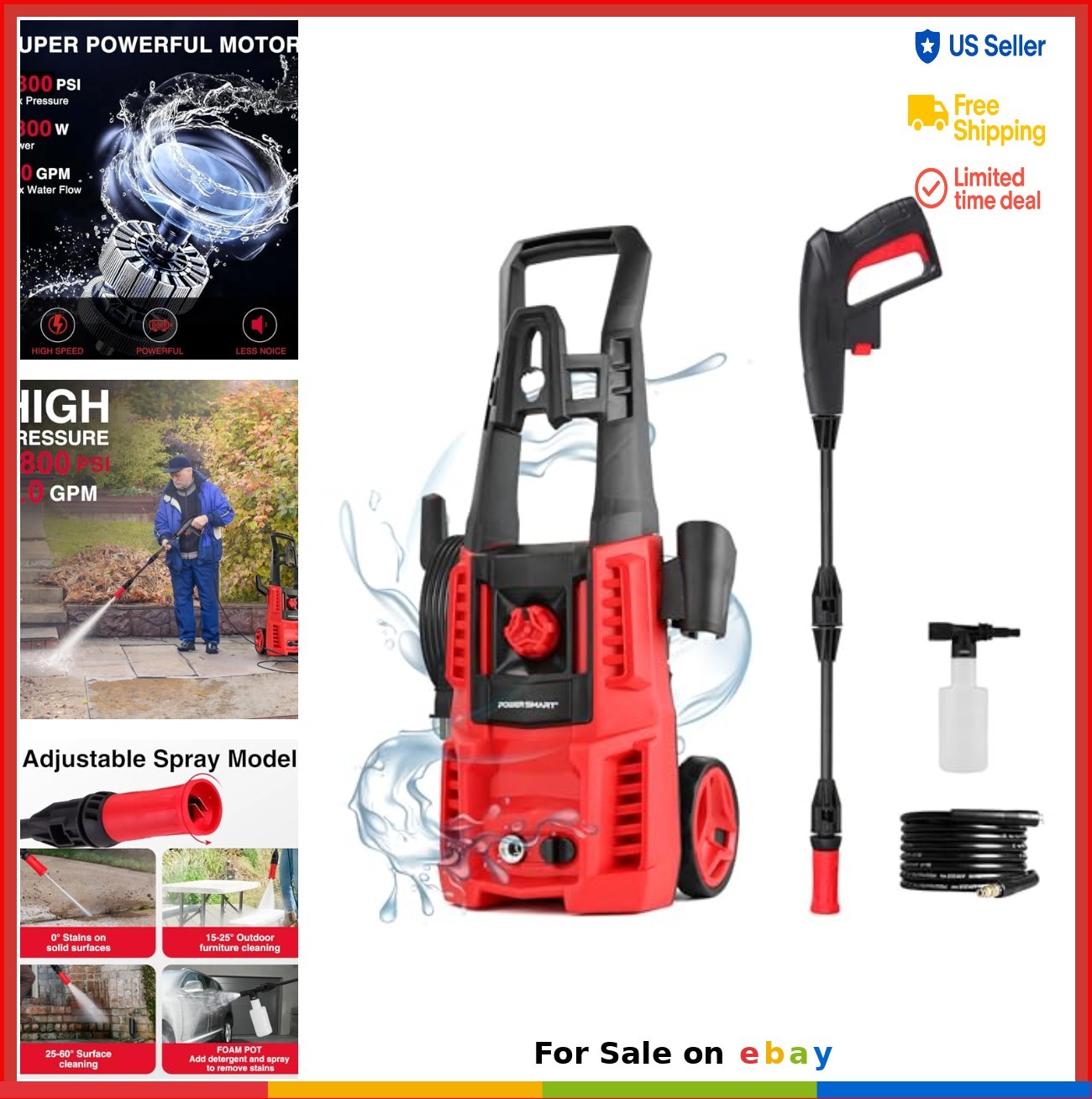 Electric Pressure Washer 1850 PSI 3.0 GPM 23-Foot Hose Large Wheels Home