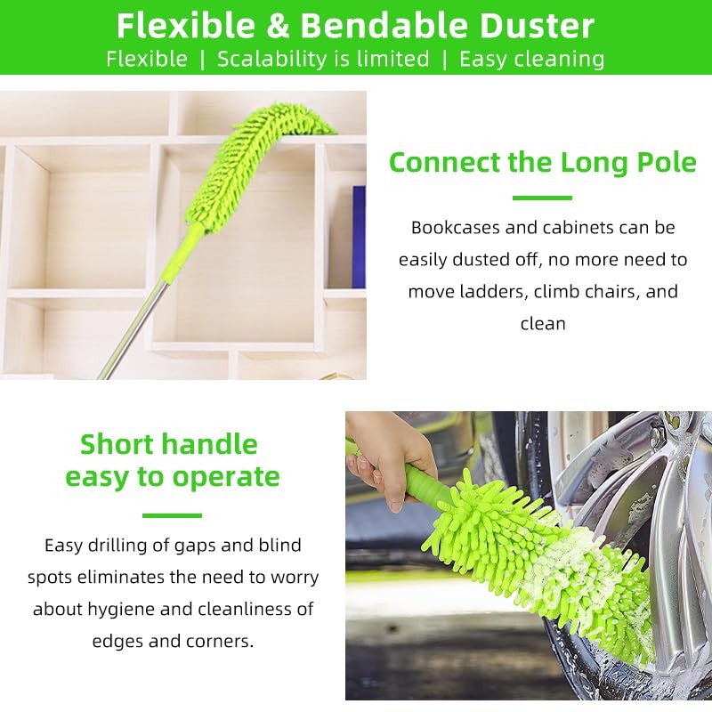 62″ Car Wash Brush with Long Handle Chenille Microfiber 14 Pack, Green