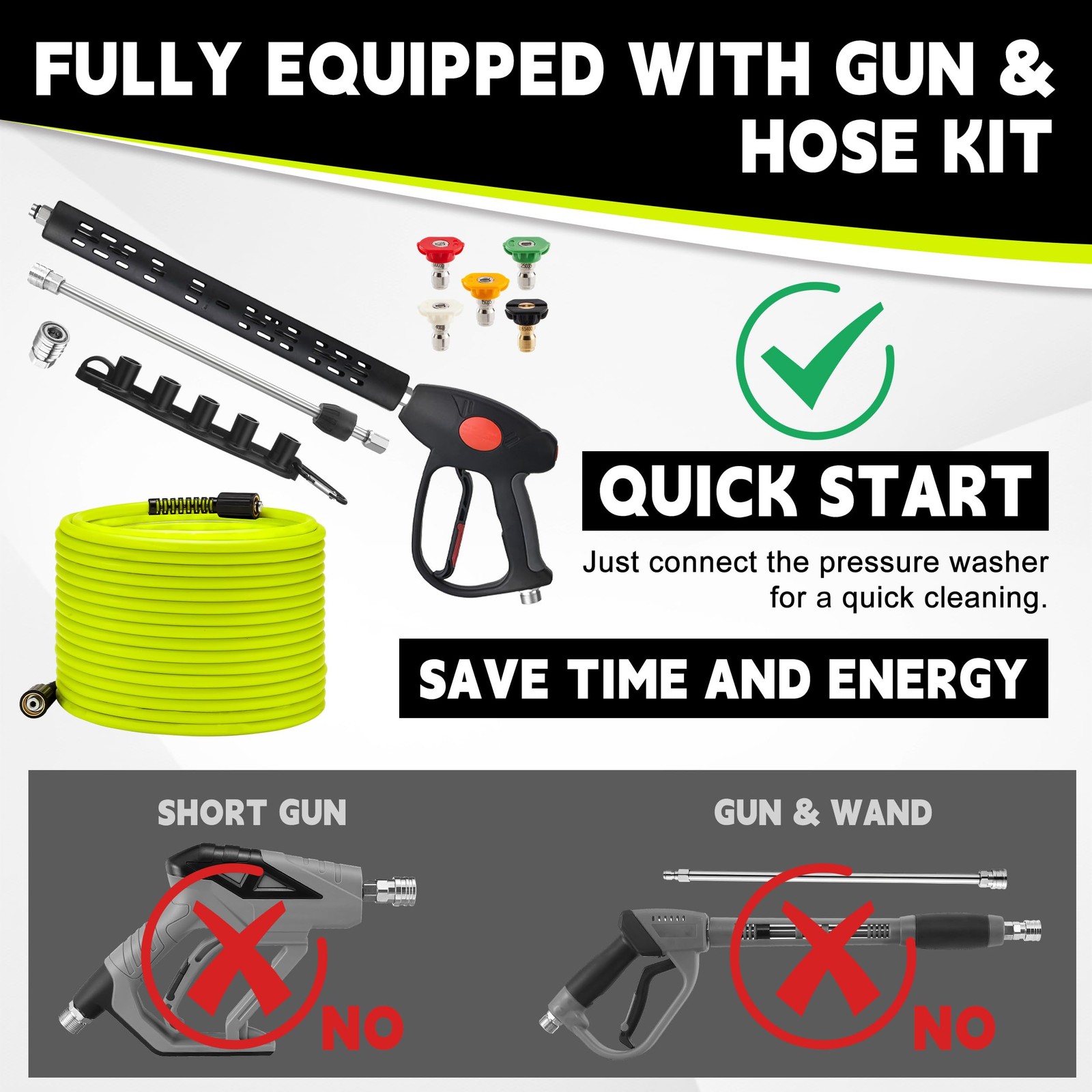 M MINGLE Pressure Washer Hose and Gun Kit, 50 FT Power Washer Hose with 5 Noz…